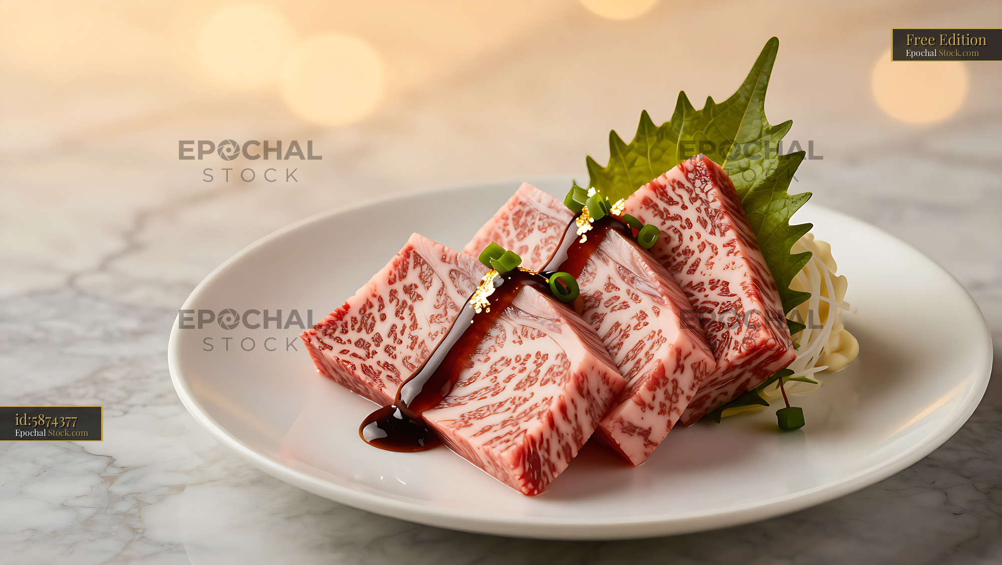 Wagyu sashimi with aged soy and gold leaf on white plate - stock photo