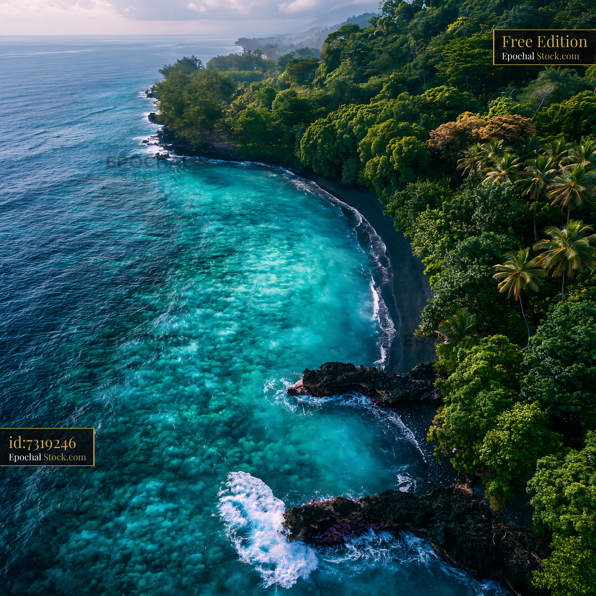 Aerial view of turquoise ocean and lush jungle coastline in Vanuatu - stock photo