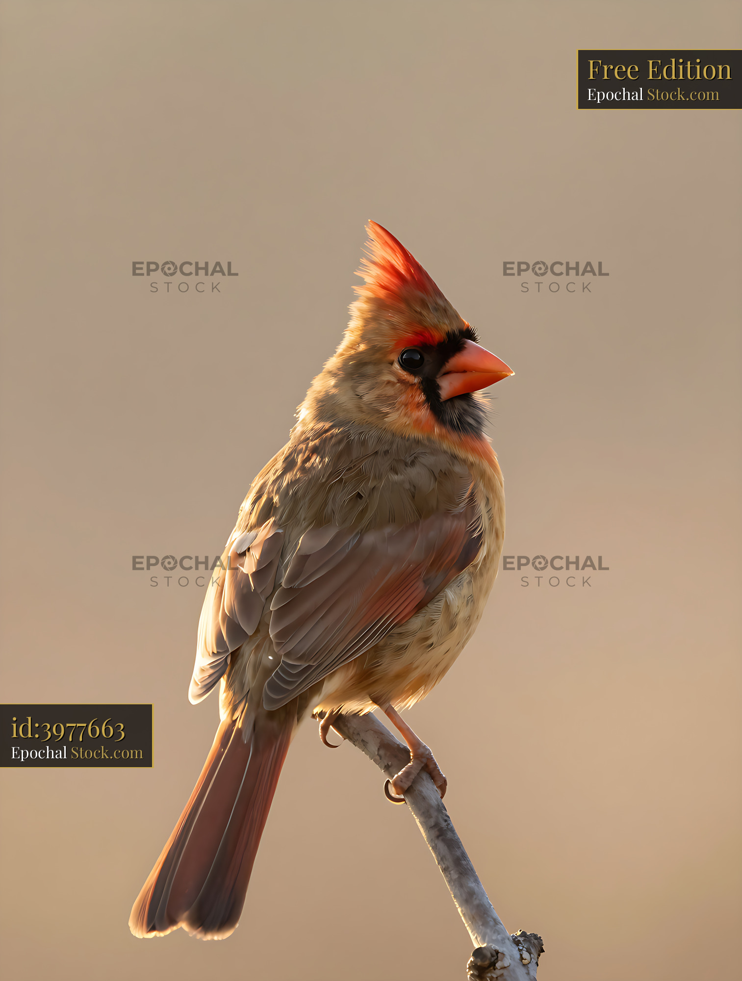 Female Northern Cardinal perched on a branch during golden hour - stock photo