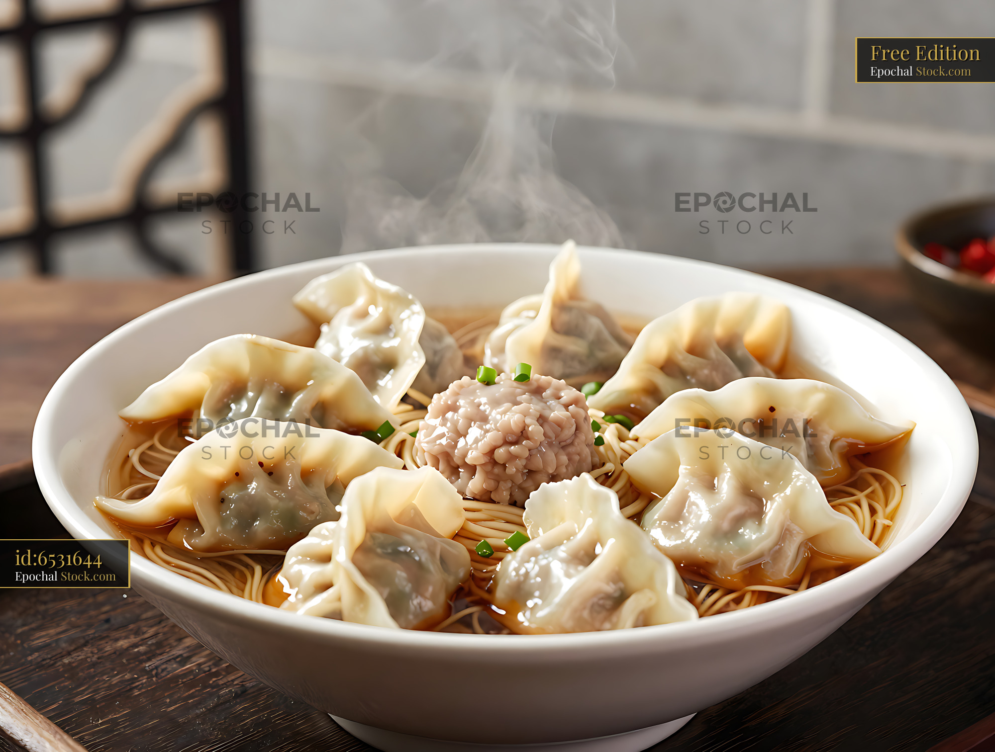 Traditional Fuzhou Tai Ji Bian Rou Mian noodle soup with steaming wont - stock photo