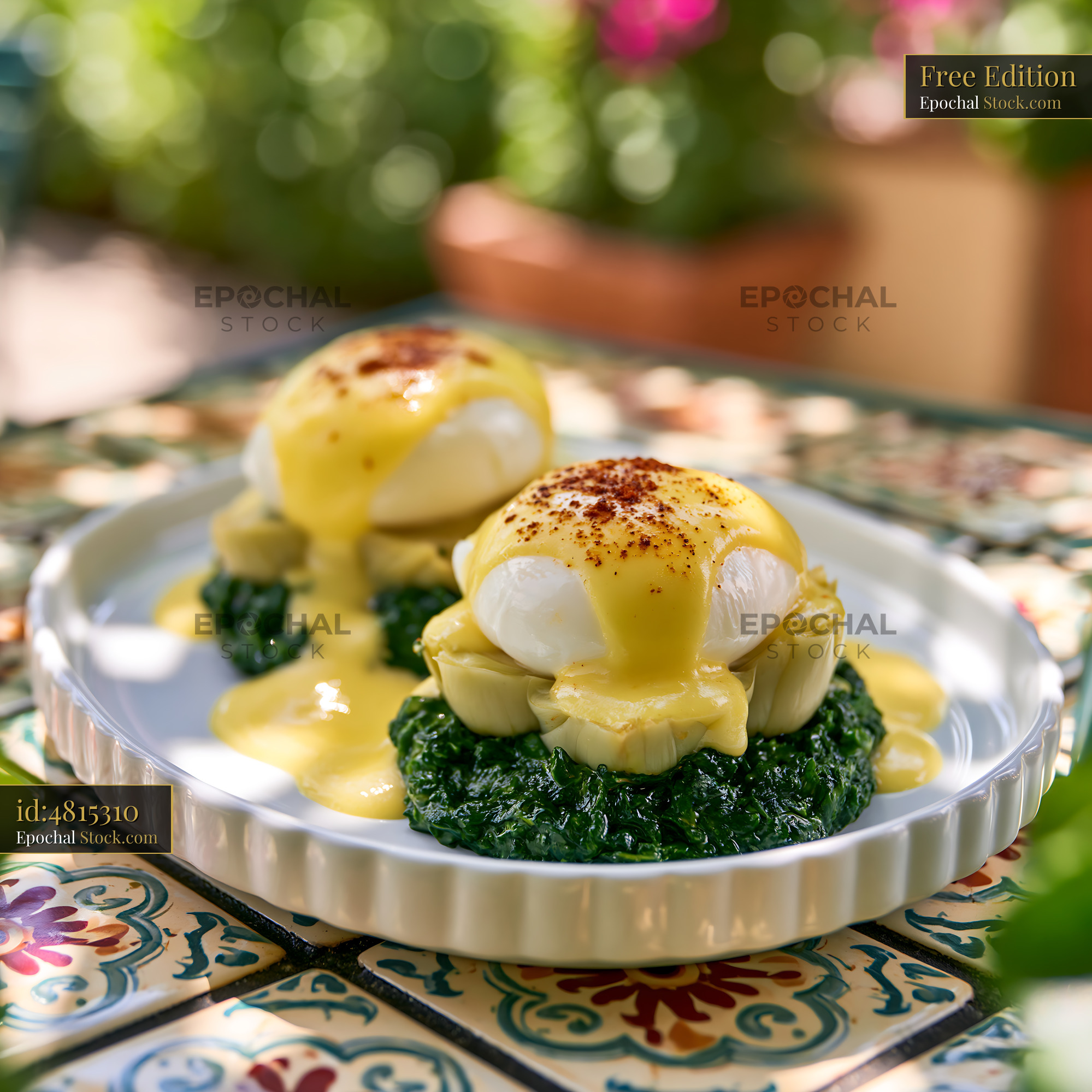 Eggs Sardou with poached eggs and hollandaise sauce on a sunny terrace - stock photo