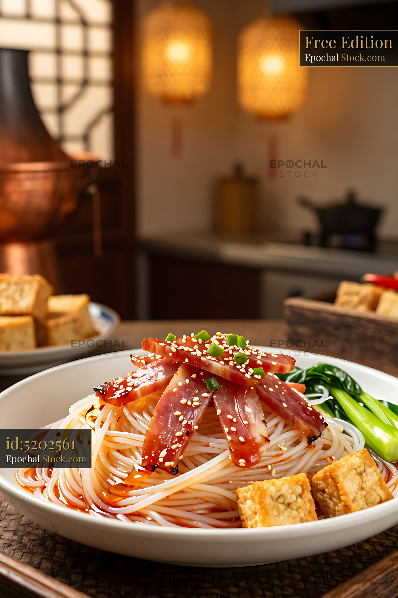 Authentic Mengzi Mi Xian rice noodles with sliced meat and tofu - stock photo