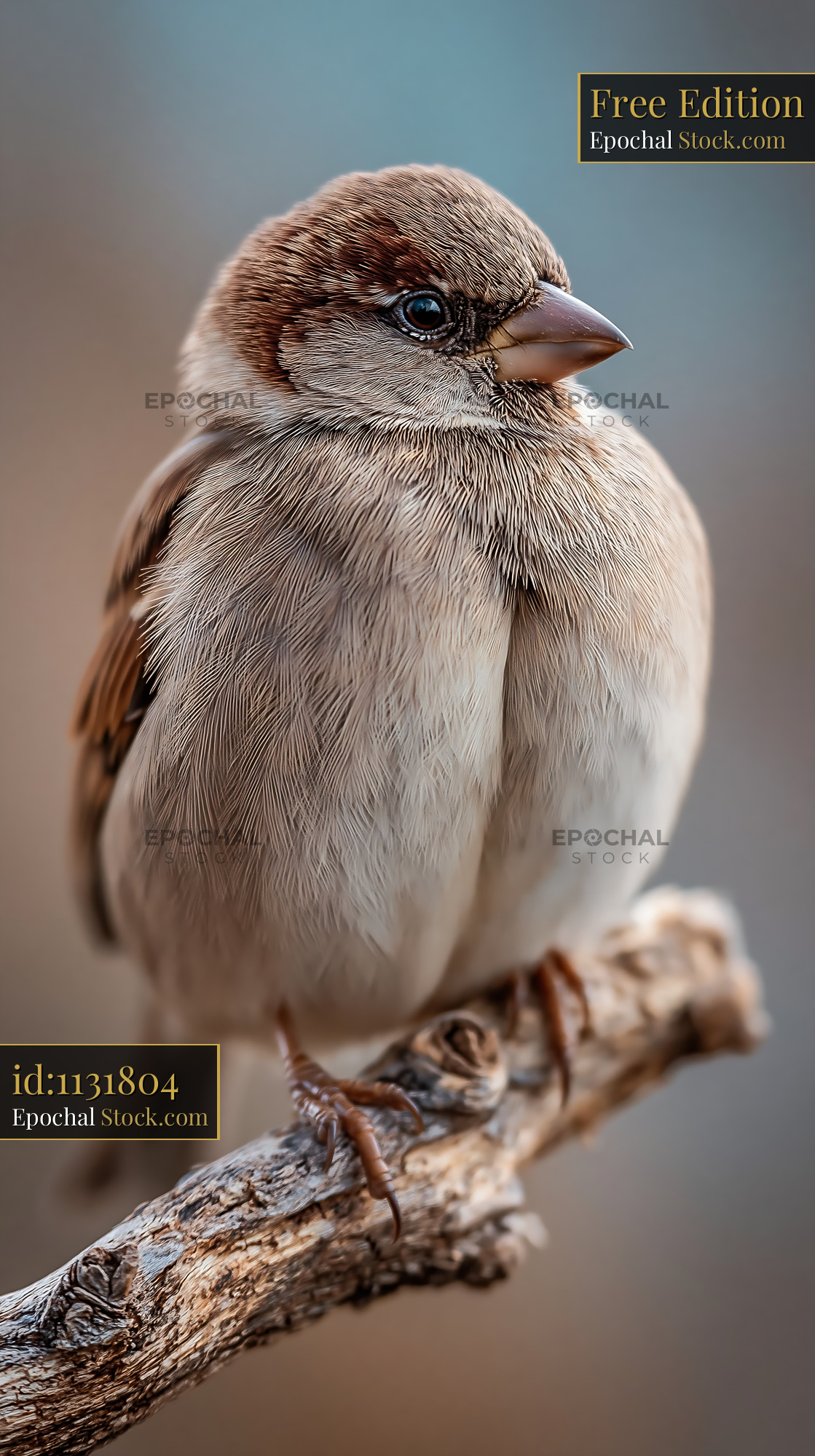Close up of a fluffy sparrow huddled on a bare branch - stock photo