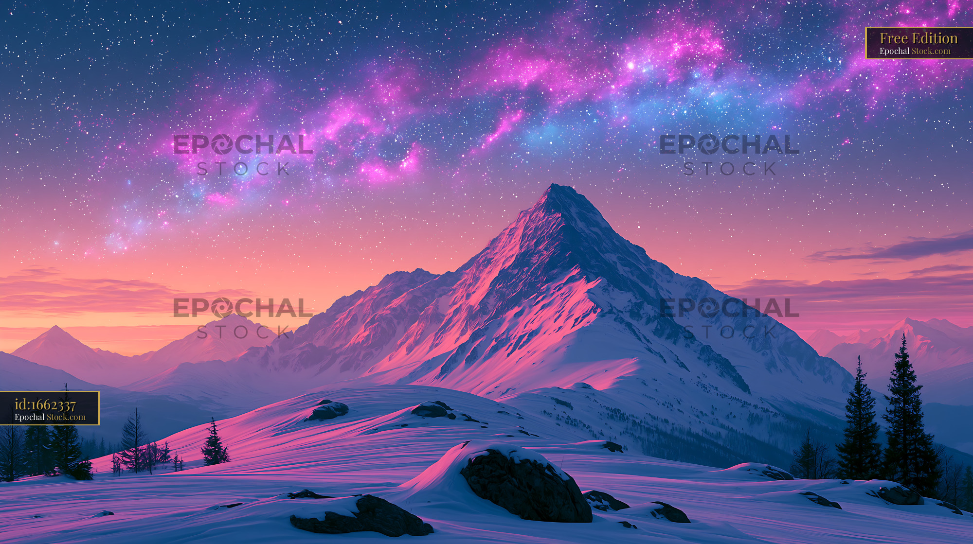 Snowy mountain peak under a vibrant pink milky way in Patagonia - stock photo