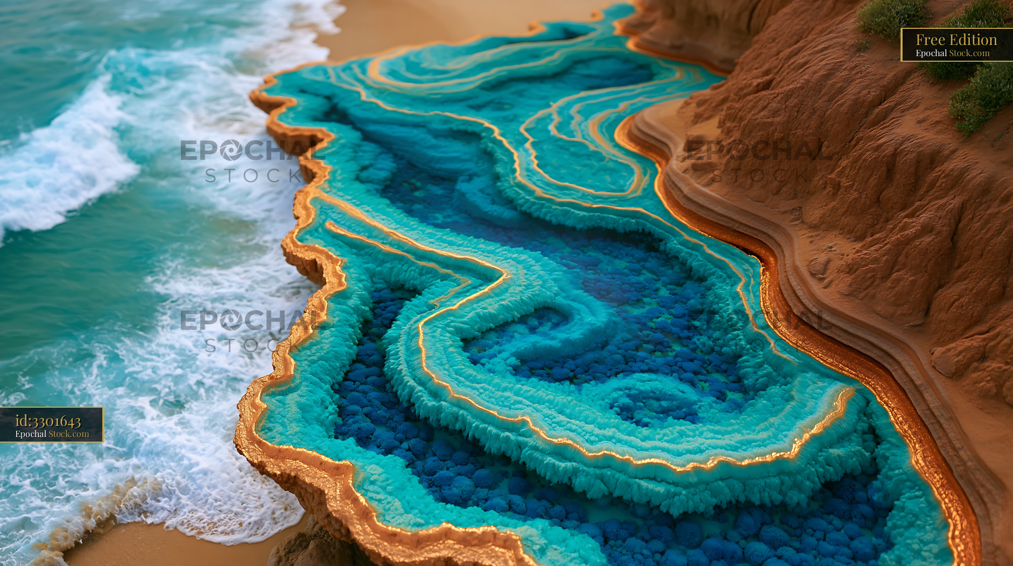 Sandstone tidepools with crystalline turquoise water on a rugged coast - stock photo