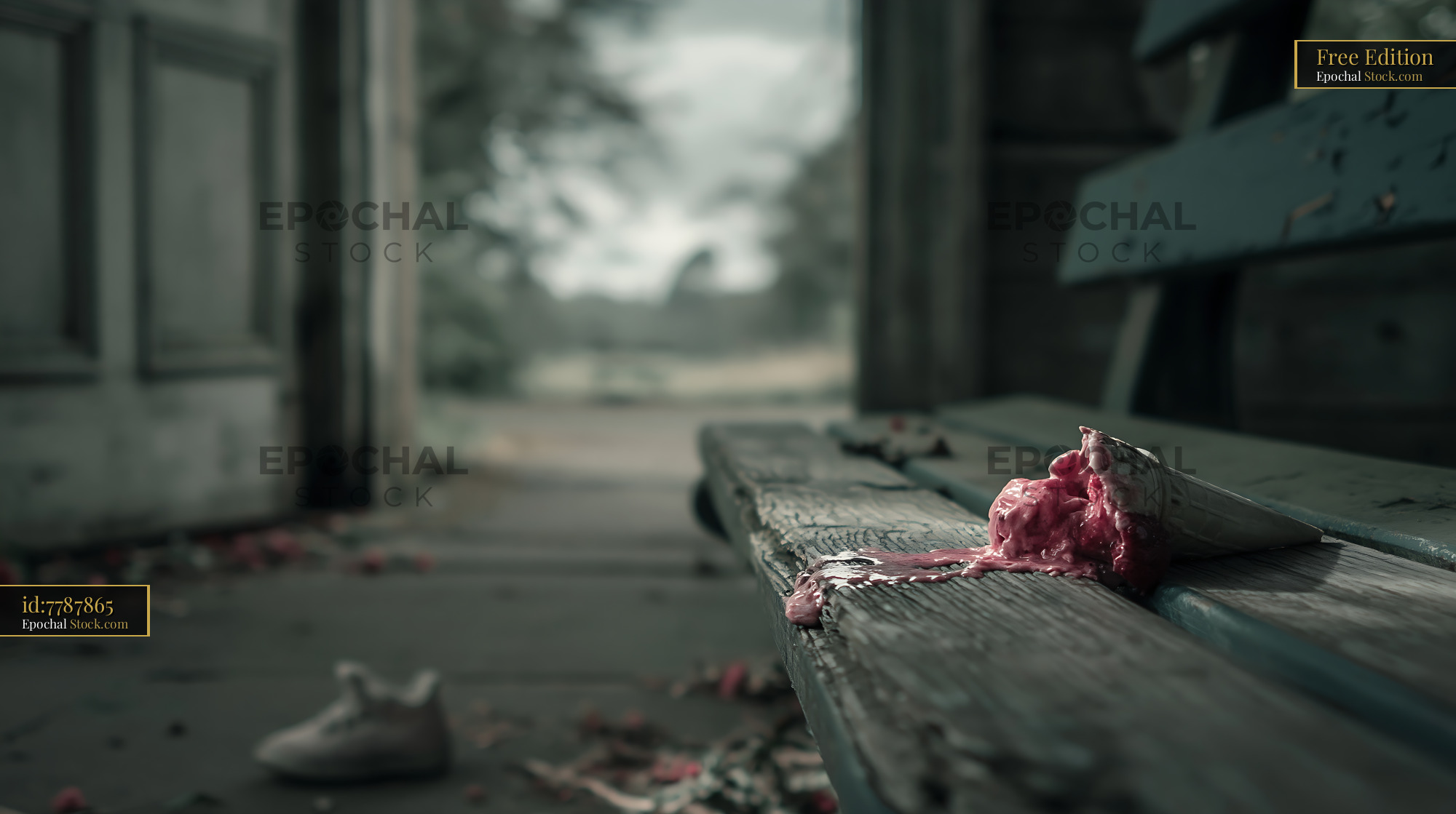 Melting pink ice cream cone abandoned on a weathered wooden bench - stock photo
