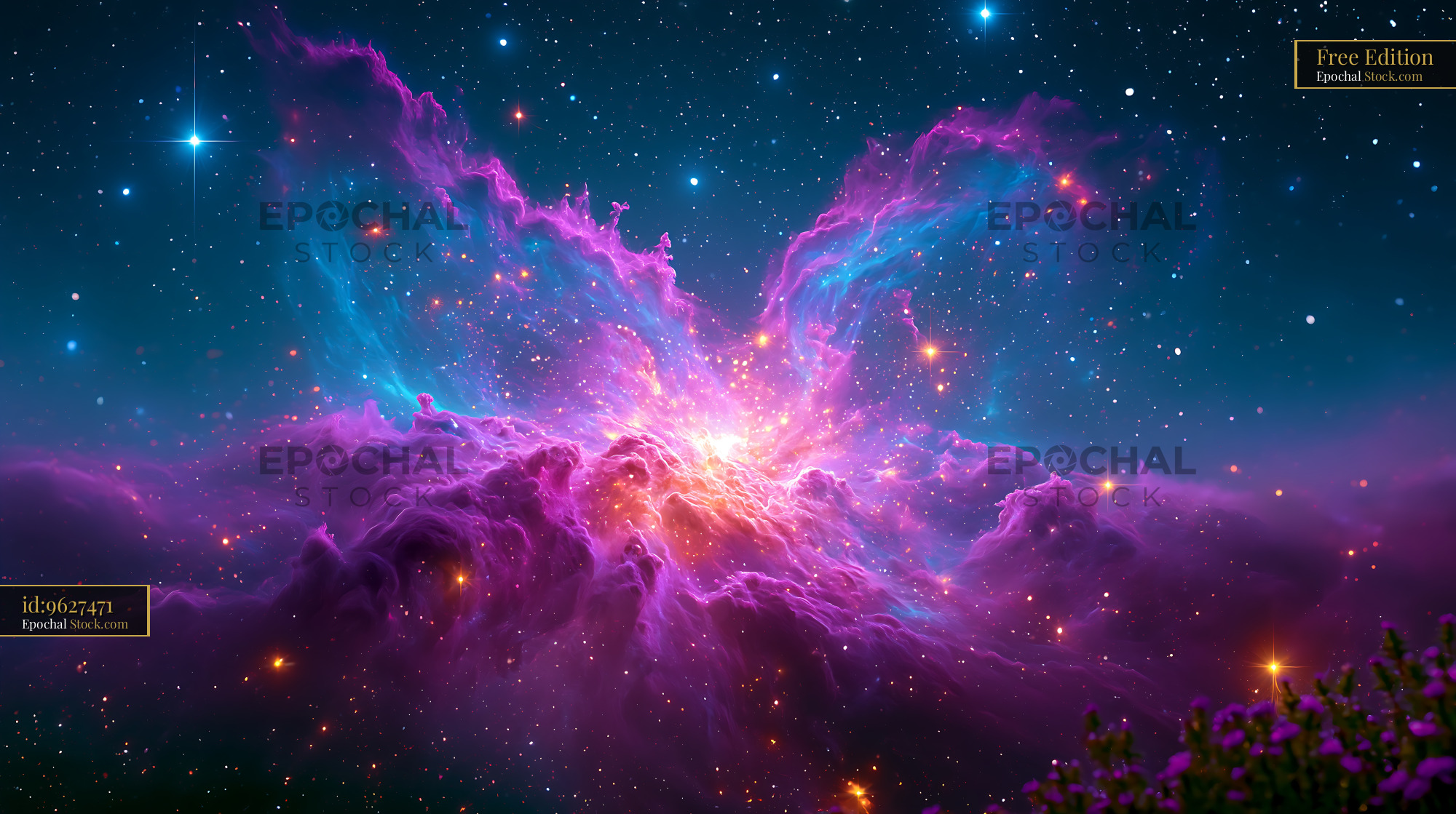 M17 Omega Nebula over a field of purple flowers in deep space - stock photo