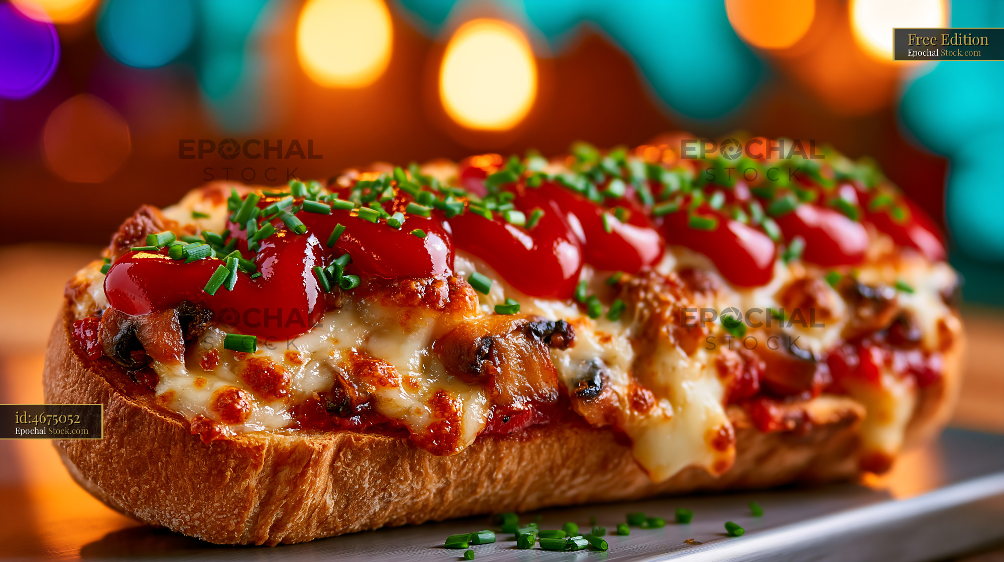 Traditional Polish zapiekanka pizza with melted cheese and mushrooms - stock photo