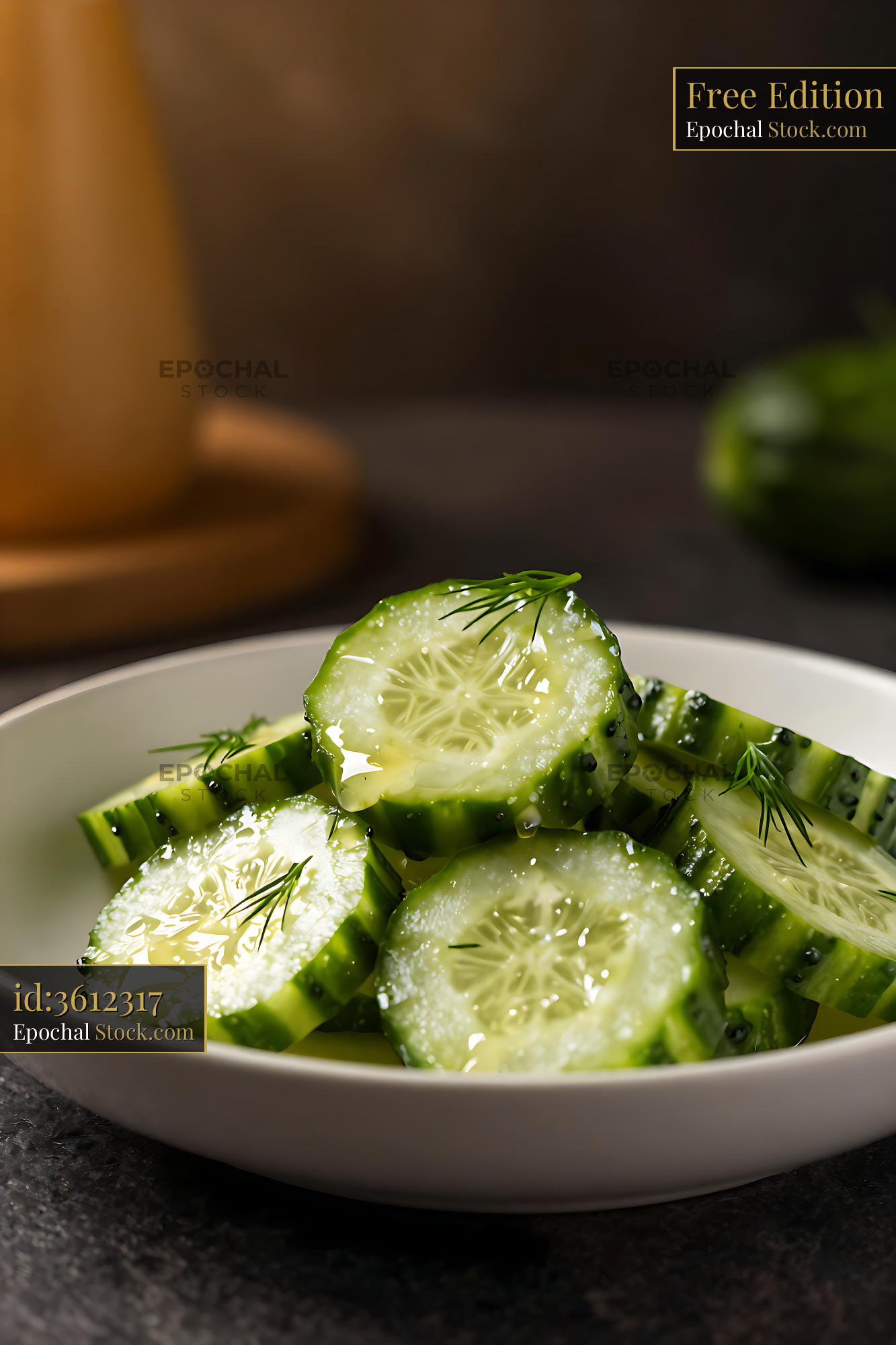 Fresh polish mizeria vegan cucumber salad with dill in a white bowl - stock photo