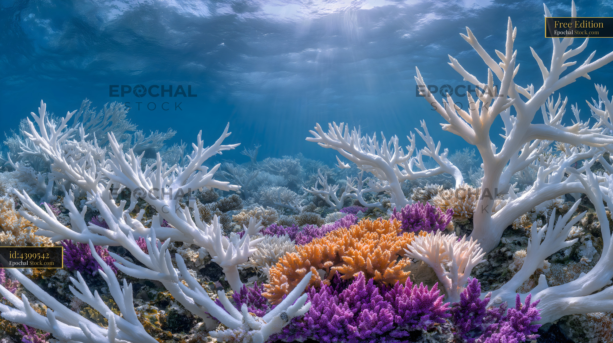 Coral reef scene showing colorful coral around white structures Free Premium Stock Image
