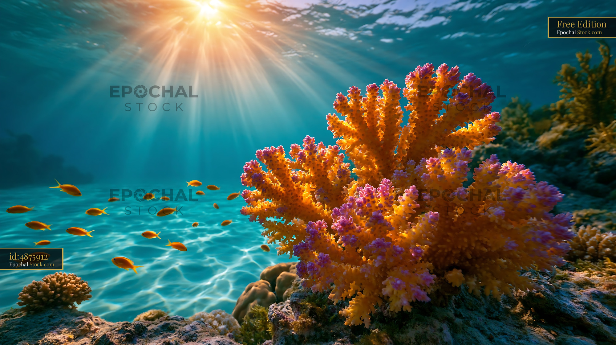 Vibrant coral reef with sun rays and tropical fish underwater - stock photo
