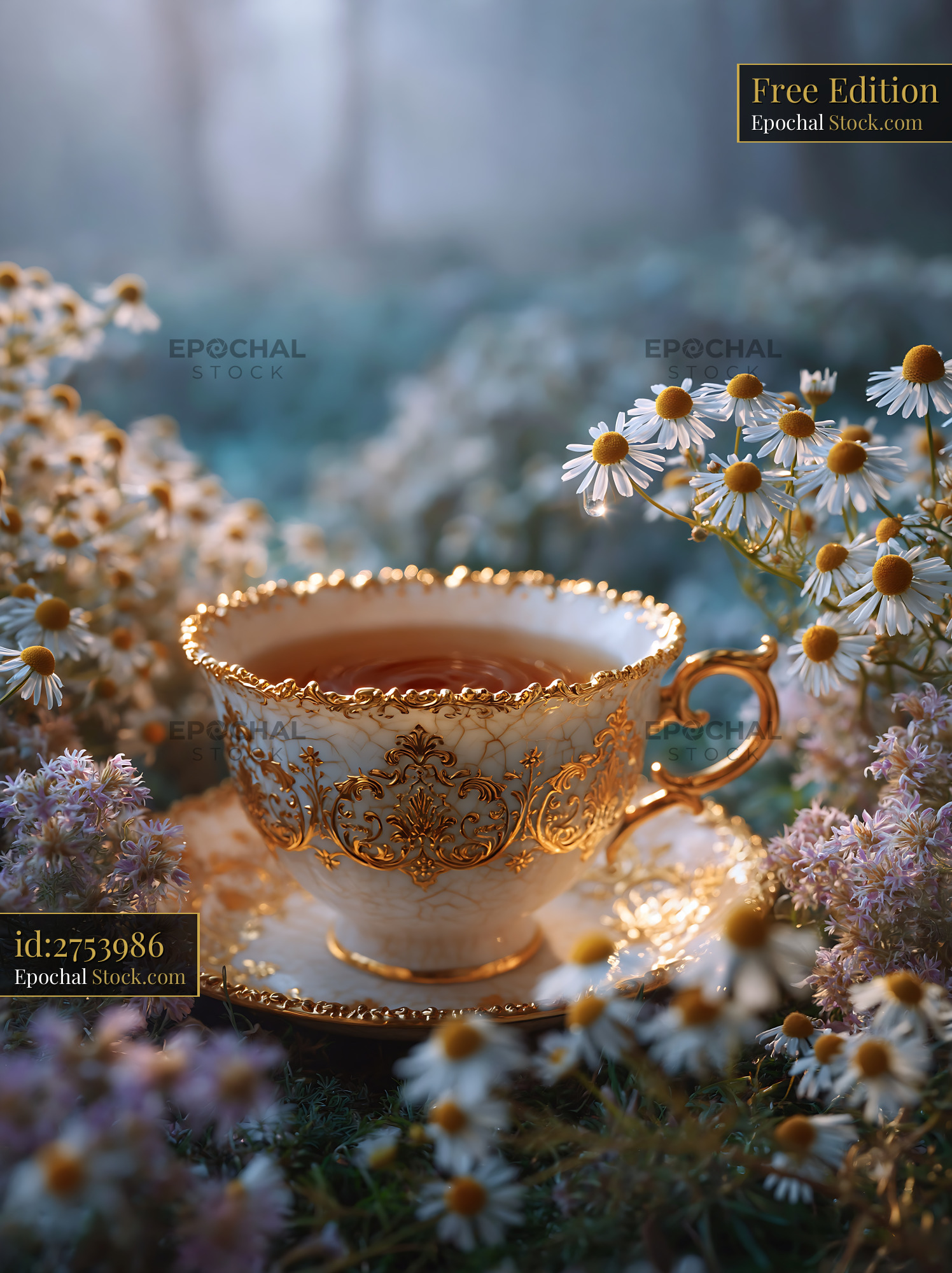 Ornate vintage tea cup in a blooming flower meadow at sunrise - stock photo
