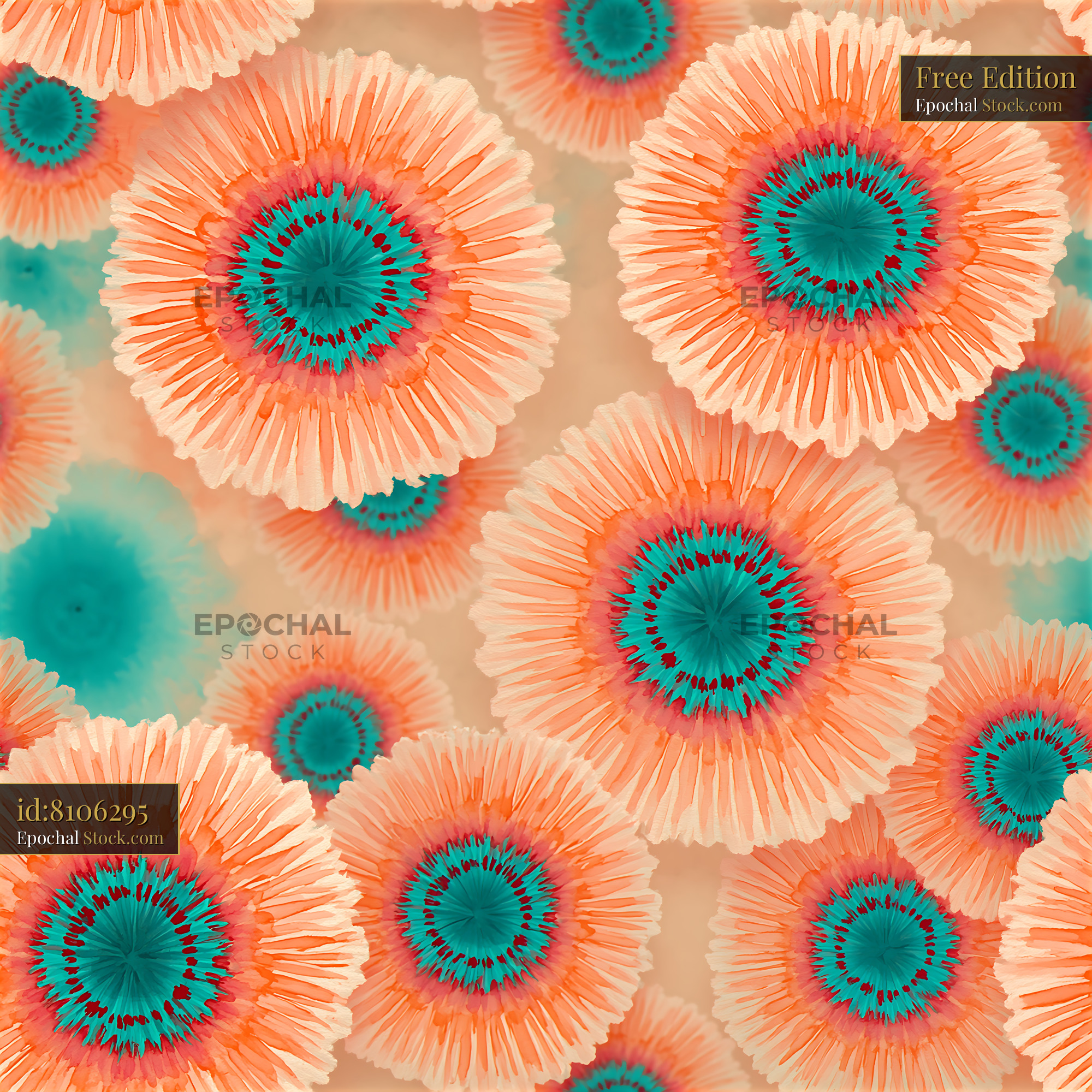 Teal and Peach Watercolor Sunburst Floral