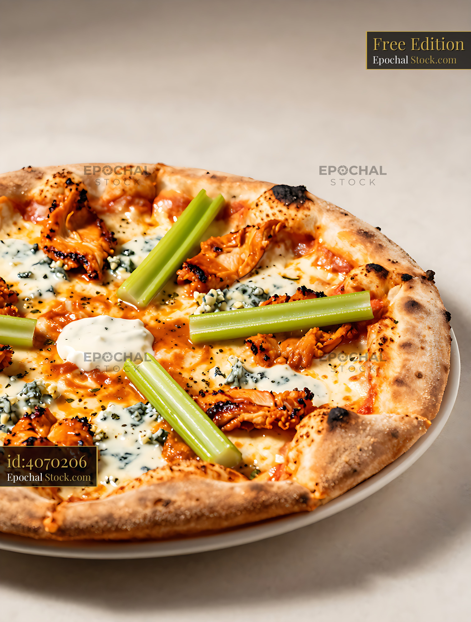 Buffalo chicken pizza with blue cheese and fresh celery - stock photo