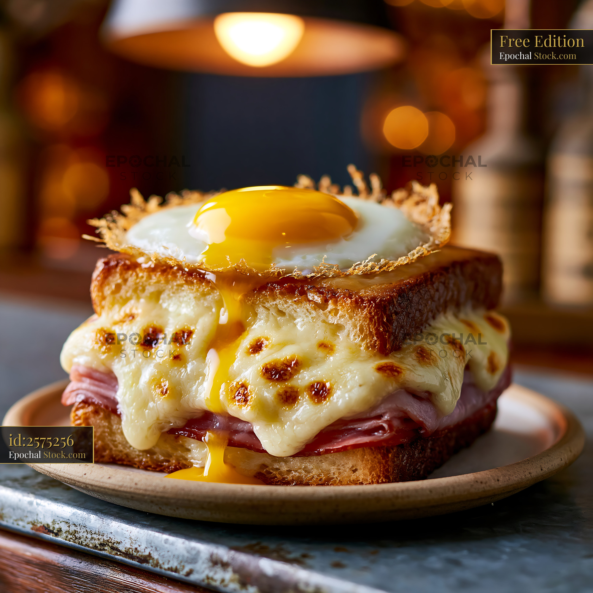 Classic croque madame sandwich with melted cheese and runny fried egg - stock photo