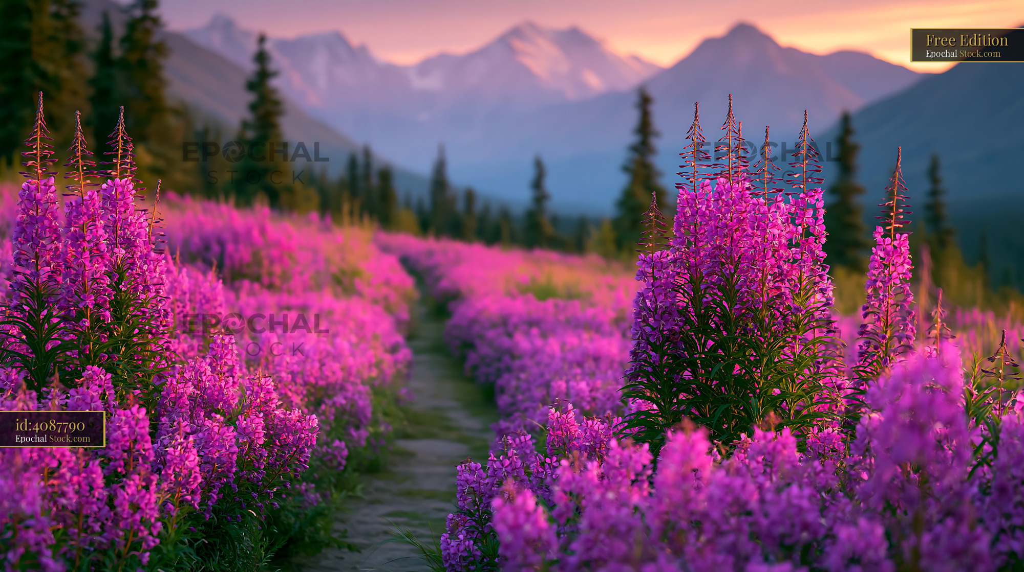 Colorado columbine field blooming in the rocky mountains at sunset