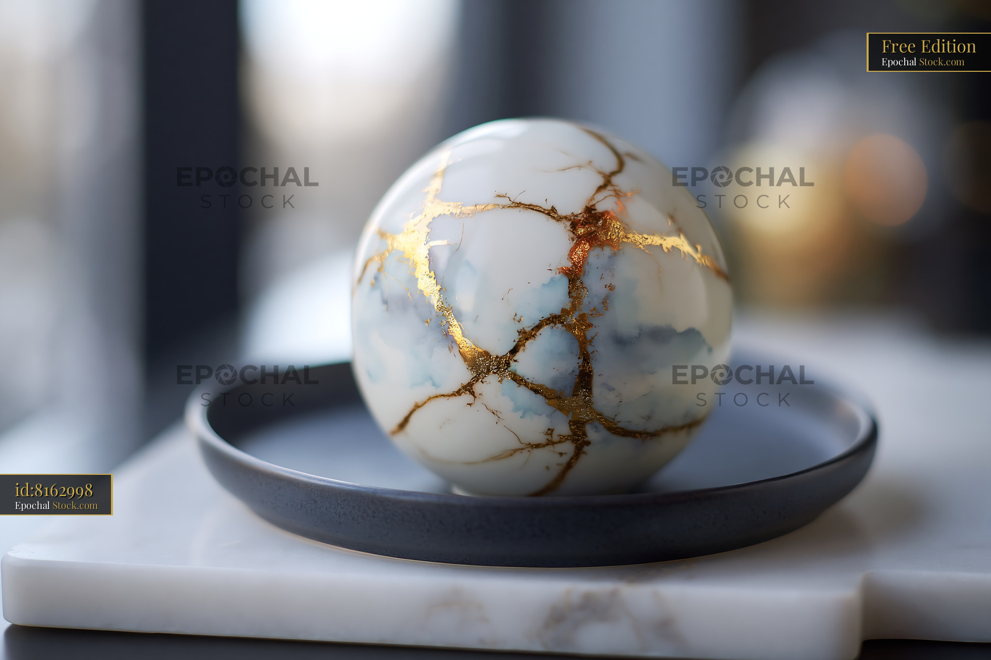 White marble sphere with golden kintsugi cracks on a ceramic plate - stock photo