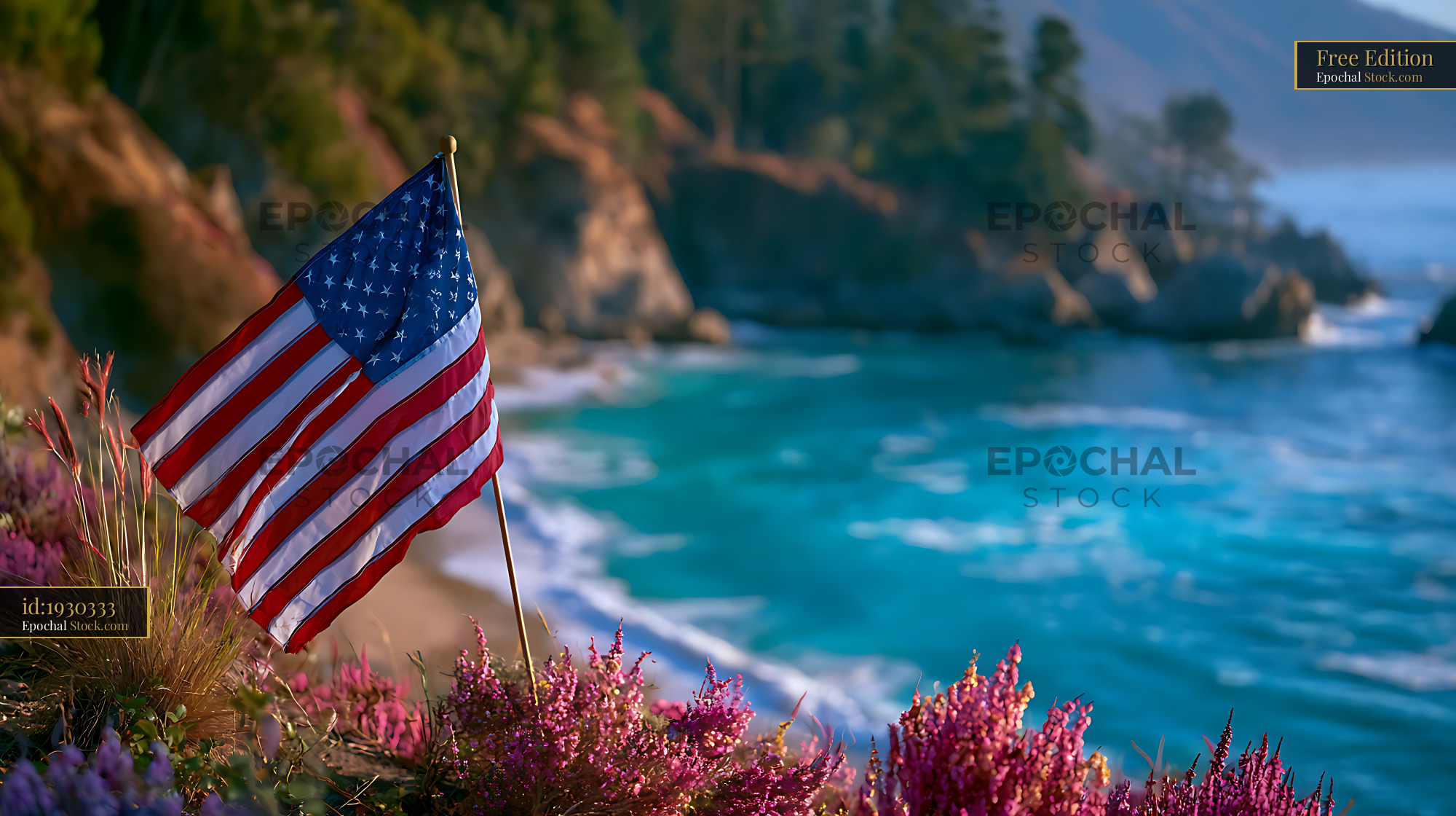 American flag on a rugged cliff overlooking the Big Sur coastline - stock photo