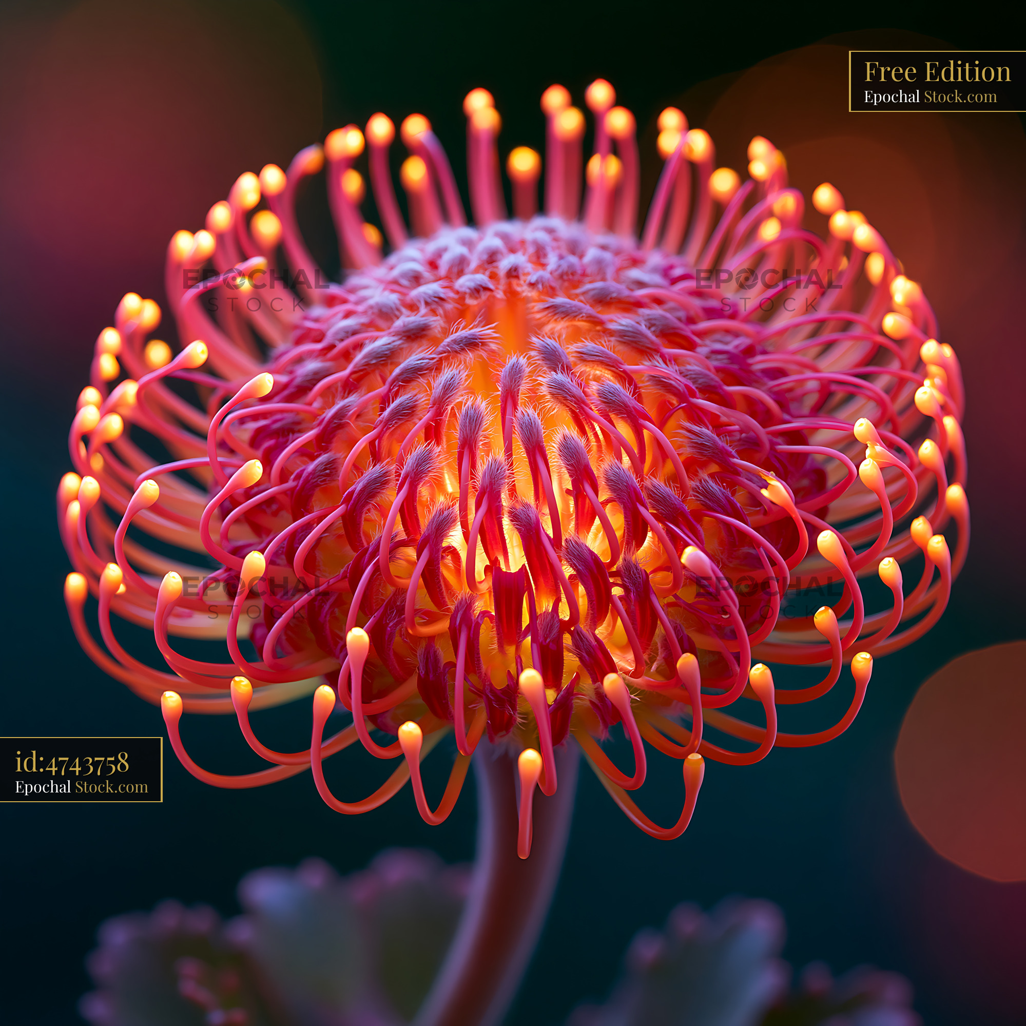 Vibrant red banksia spike flower glowing against a dark background - stock photo