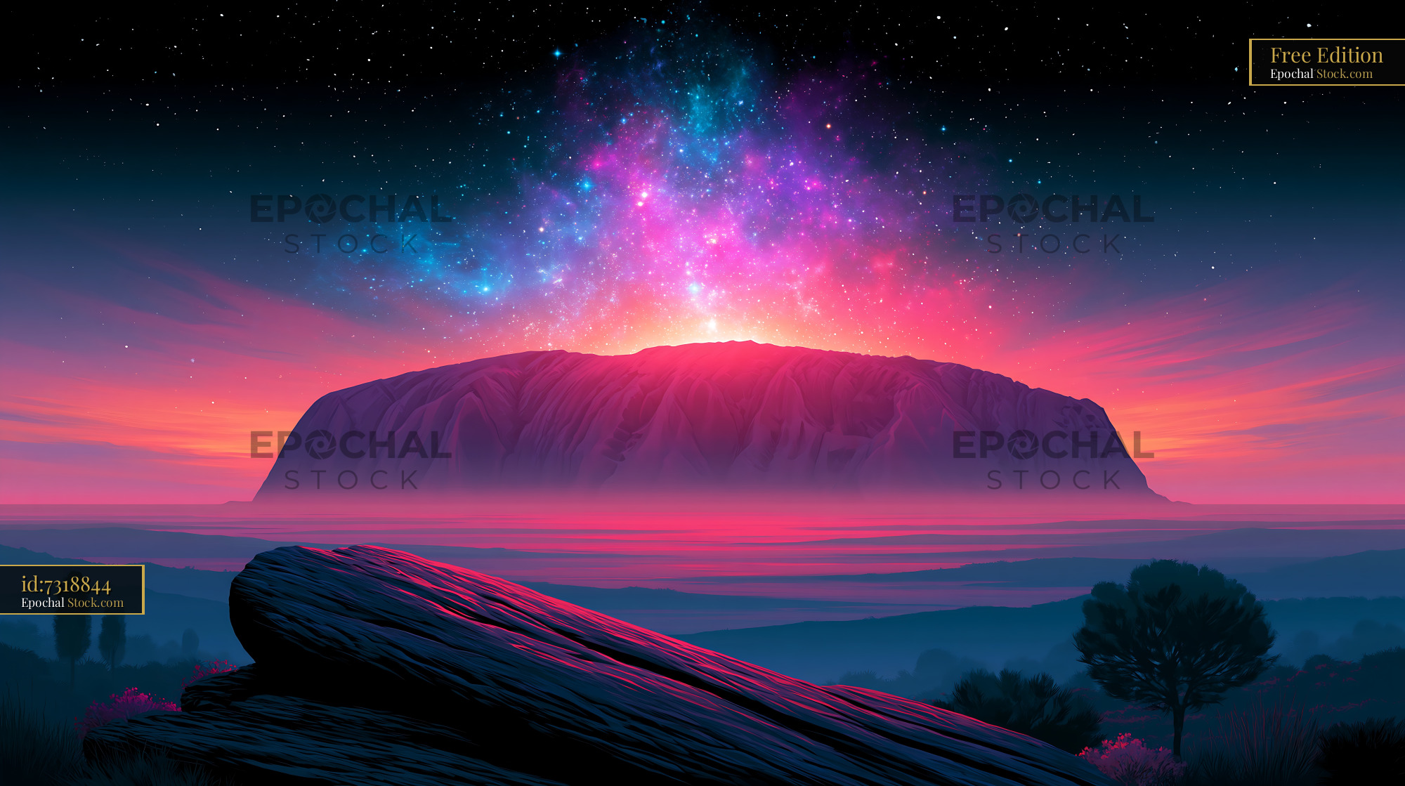 Vibrant night view of Uluru under a glowing starry galaxy sky - stock photo