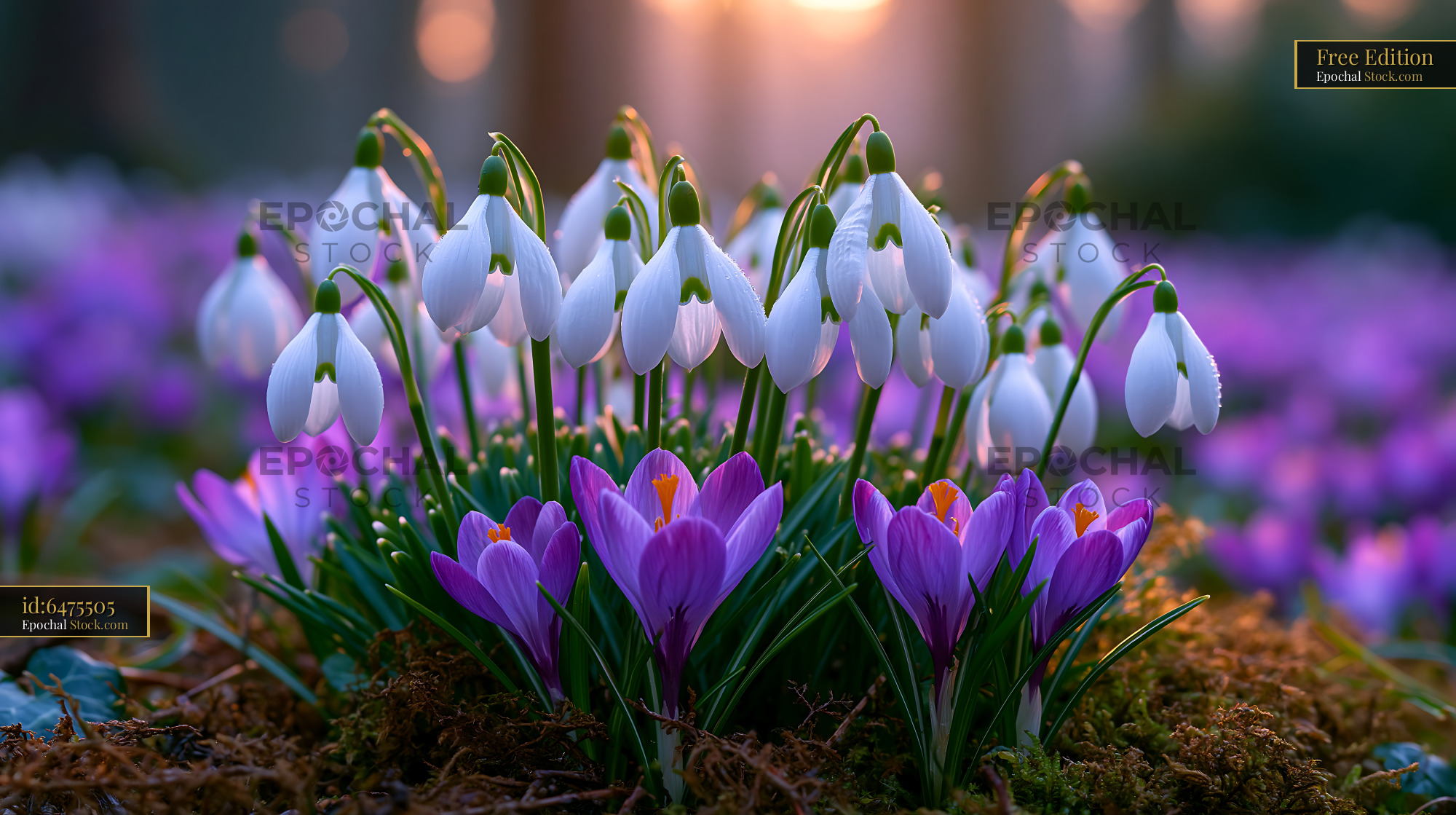 Snowdrops and purple crocuses blooming on a sunny alpine herb slope - stock photo