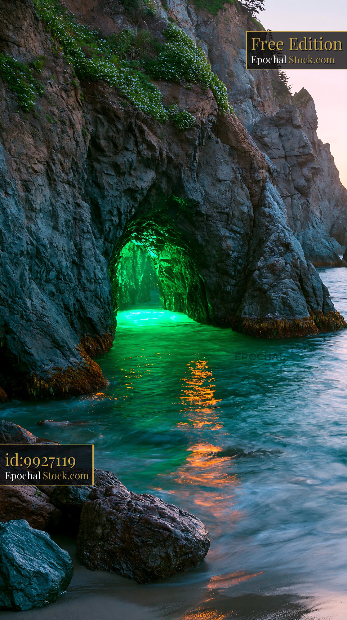 Mysterious glowing sea cave at a hidden pink cove during twilight - stock photo