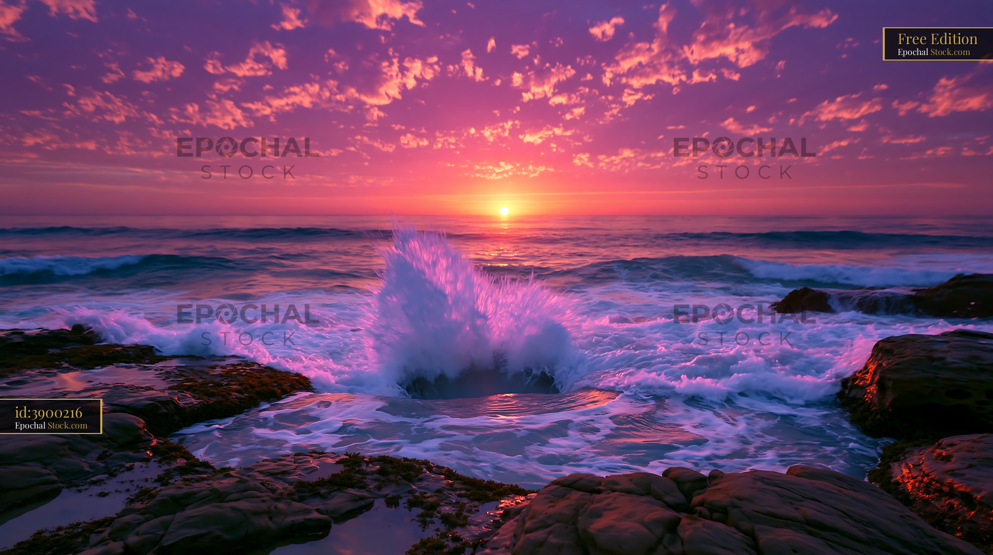 Ocean wave splash on rocky coast under a vibrant purple sunset - stock photo