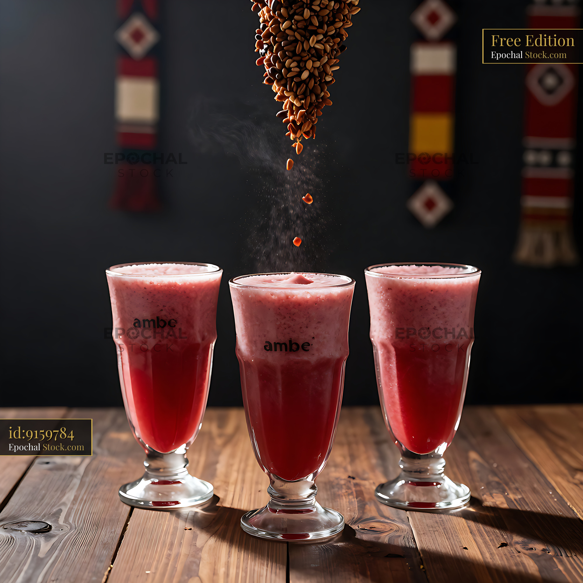 Three glasses of red Imbe Infusion smoothie with falling seeds - stock photo