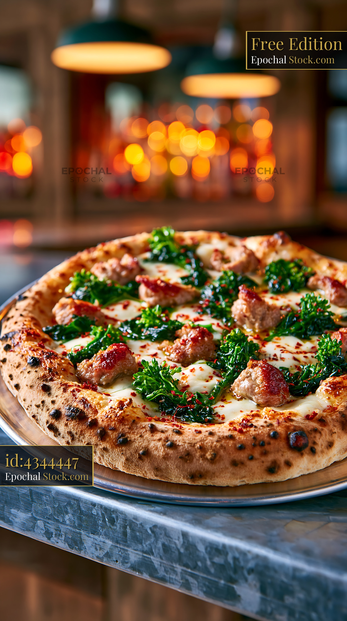 Friarielli sausage pizza on a metal tray in a cozy restaurant - stock photo