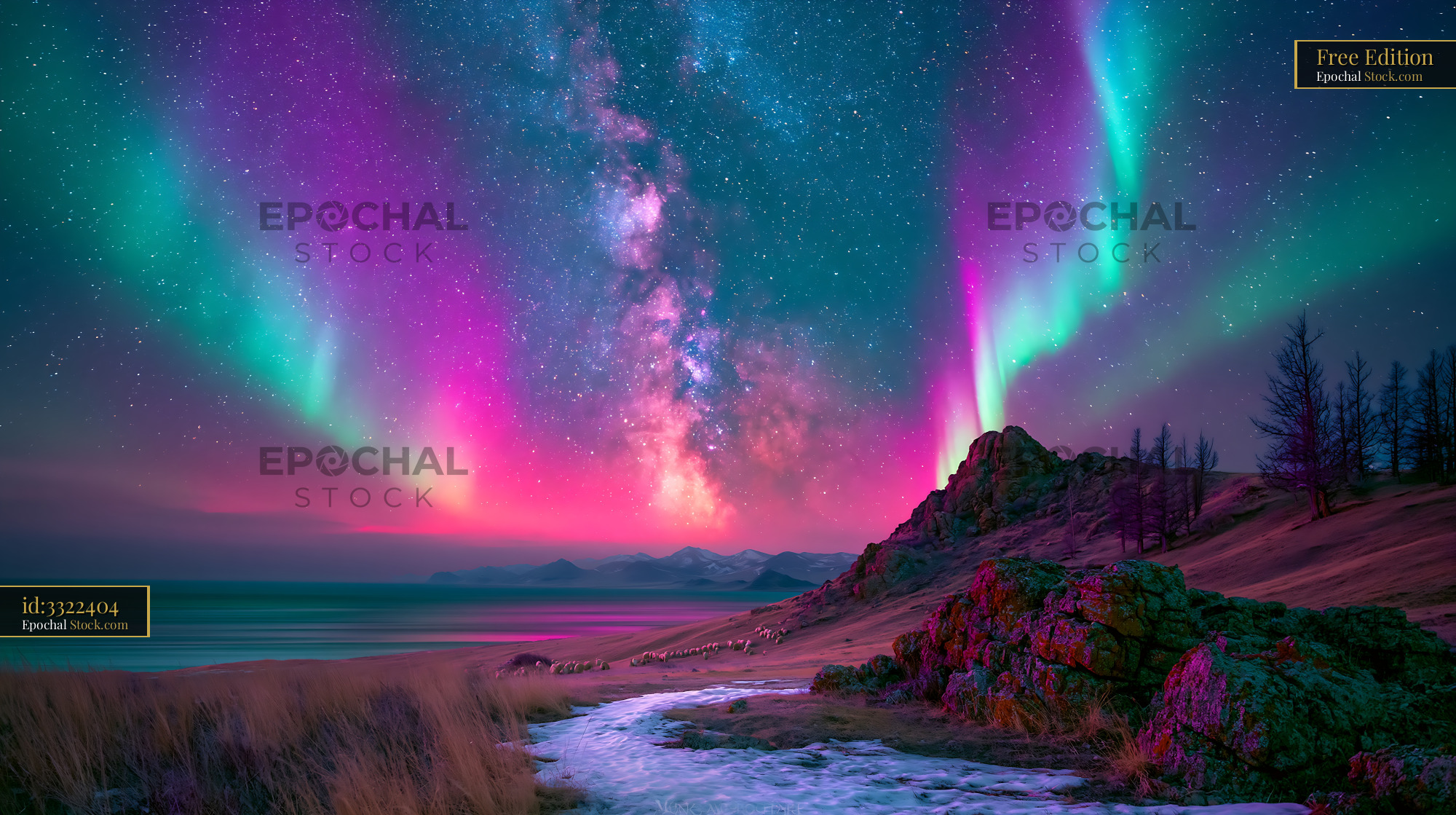 Vibrant aurora borealis and milky way over a himalayan valley night - stock photo