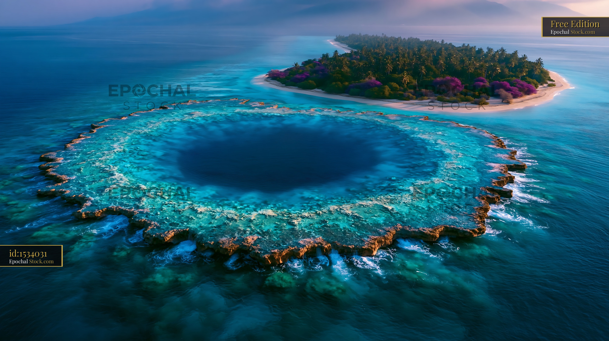Aerial view of a circular coral atoll and deep blue hole in the sea - stock photo