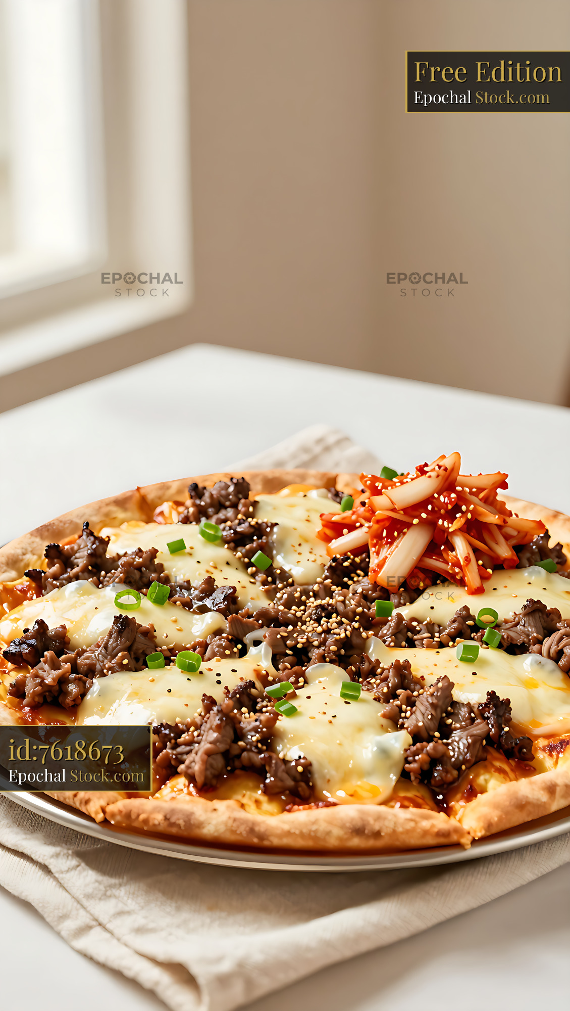 Korean bulgogi pizza topped with kimchi and sesame seeds - stock photo