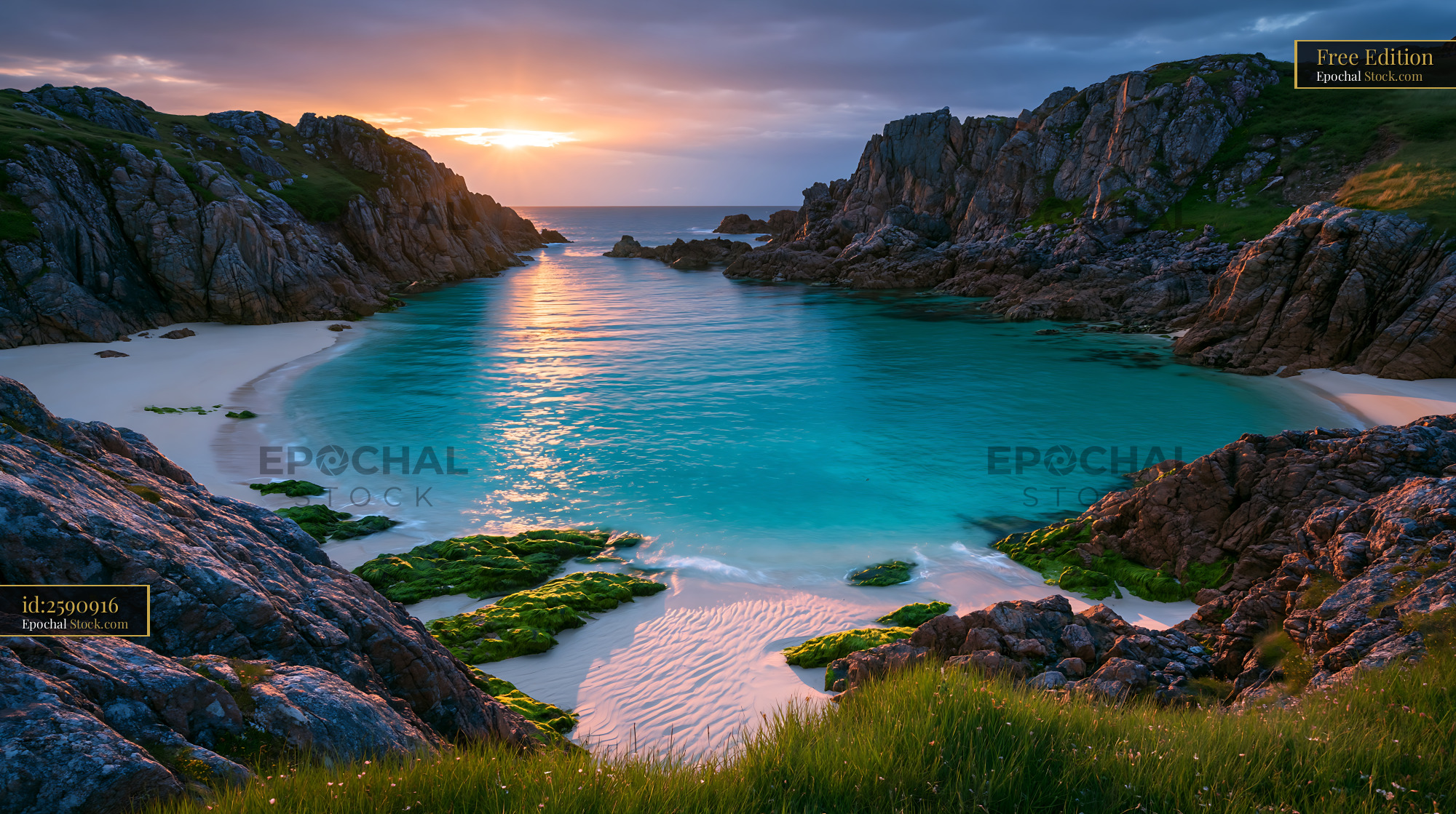 Secluded white sand bay with turquoise water at golden hour sunset - stock photo