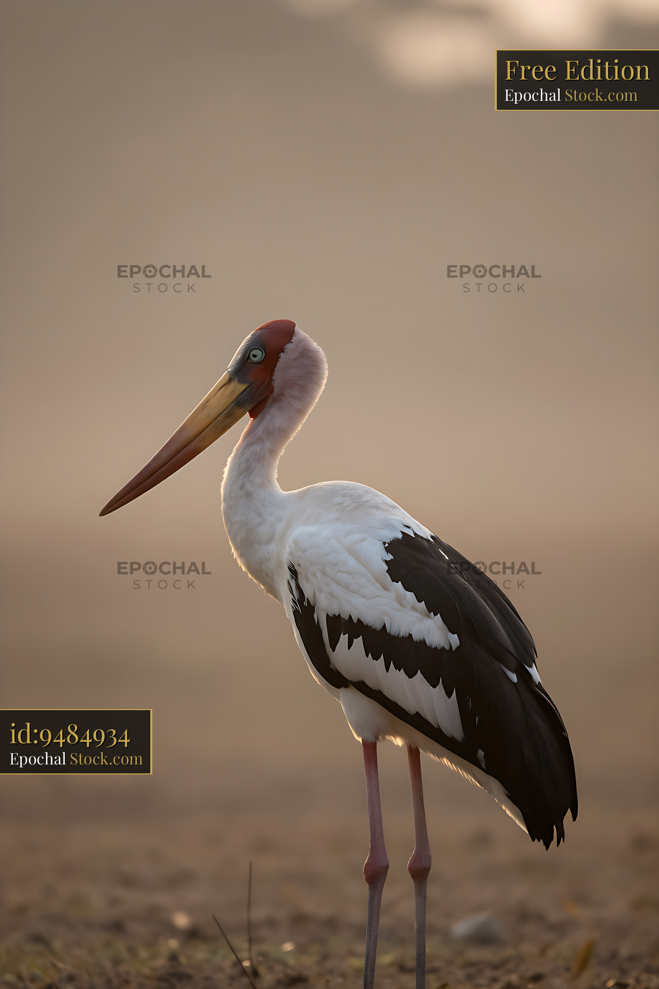 Saddle-billed stork standing in soft morning mist at sunrise - stock photo