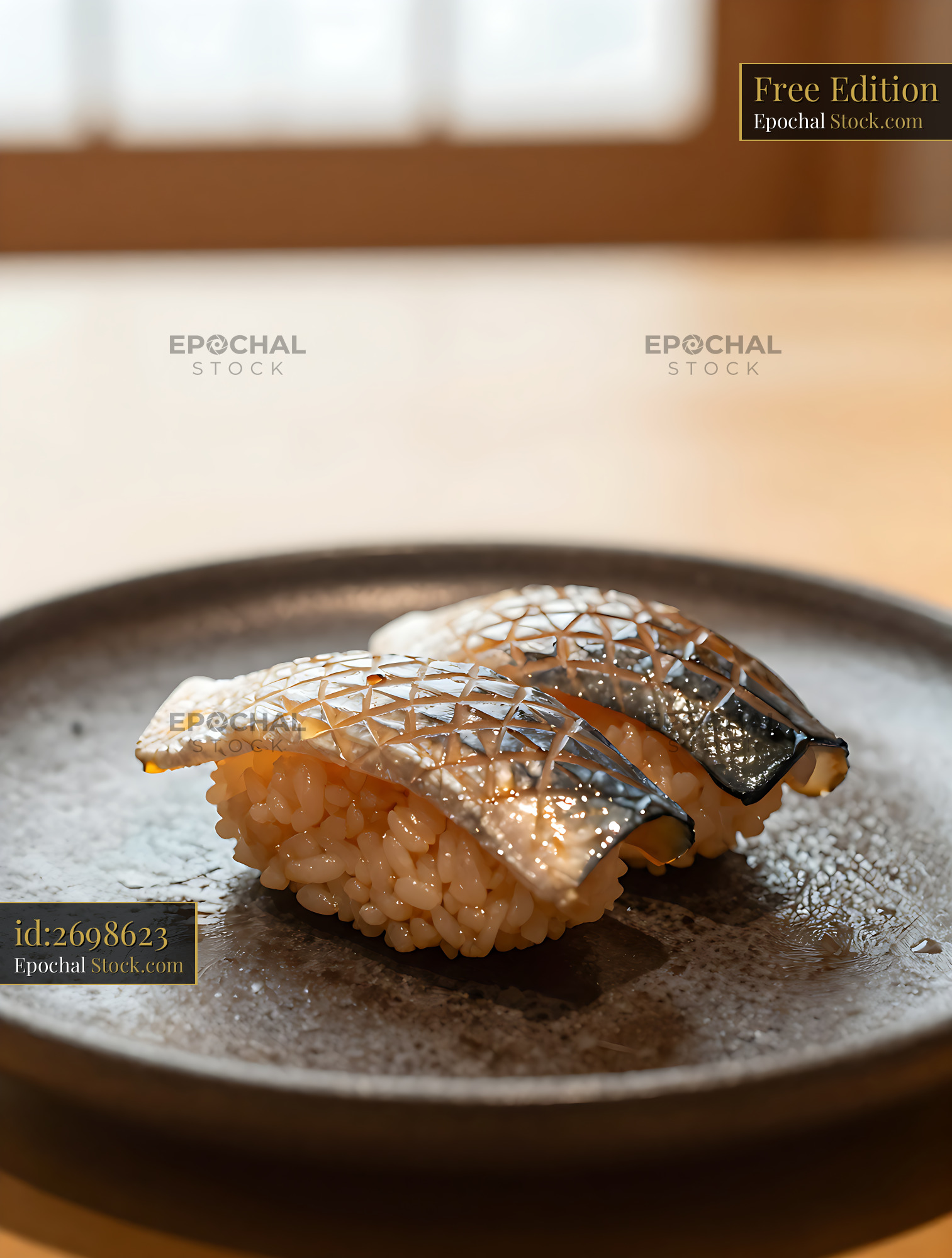 Two pieces of kohada nigiri sushi with scored silver skin on a plate - stock photo