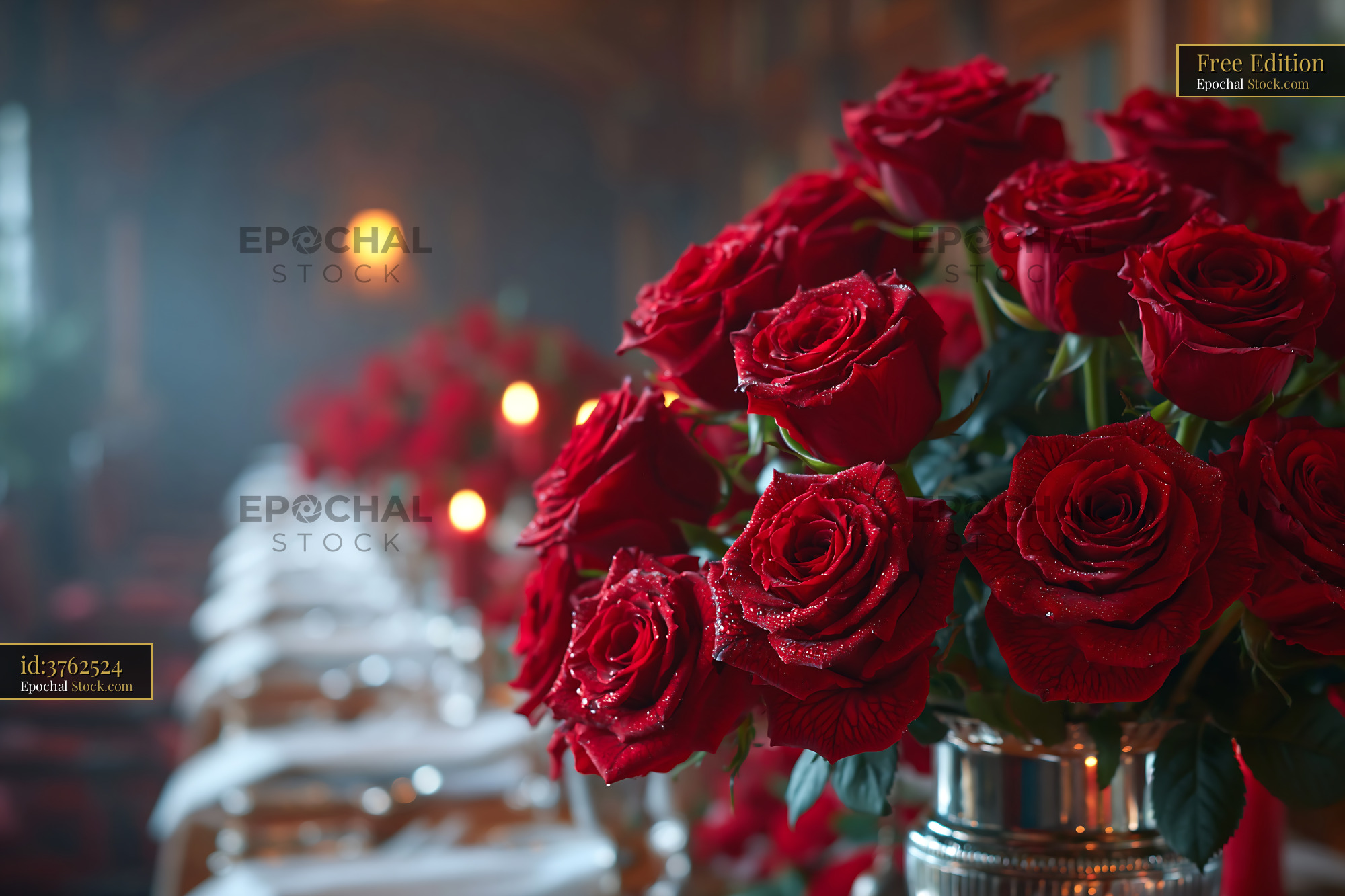 Red roses bouquet on a gala dinner table in a luxury ballroom - stock photo