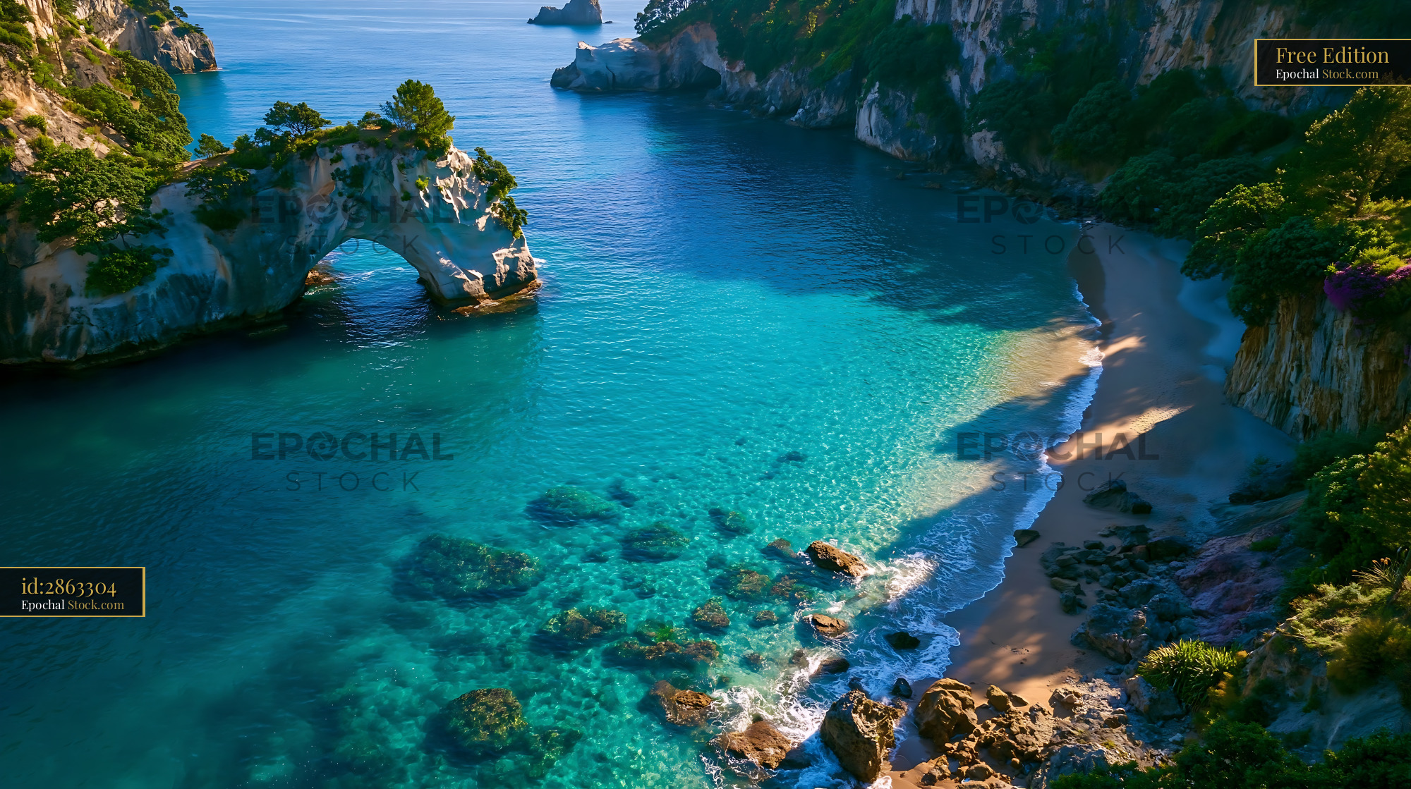 Aerial view of Cathedral Cove rock arch and turquoise bay - stock photo