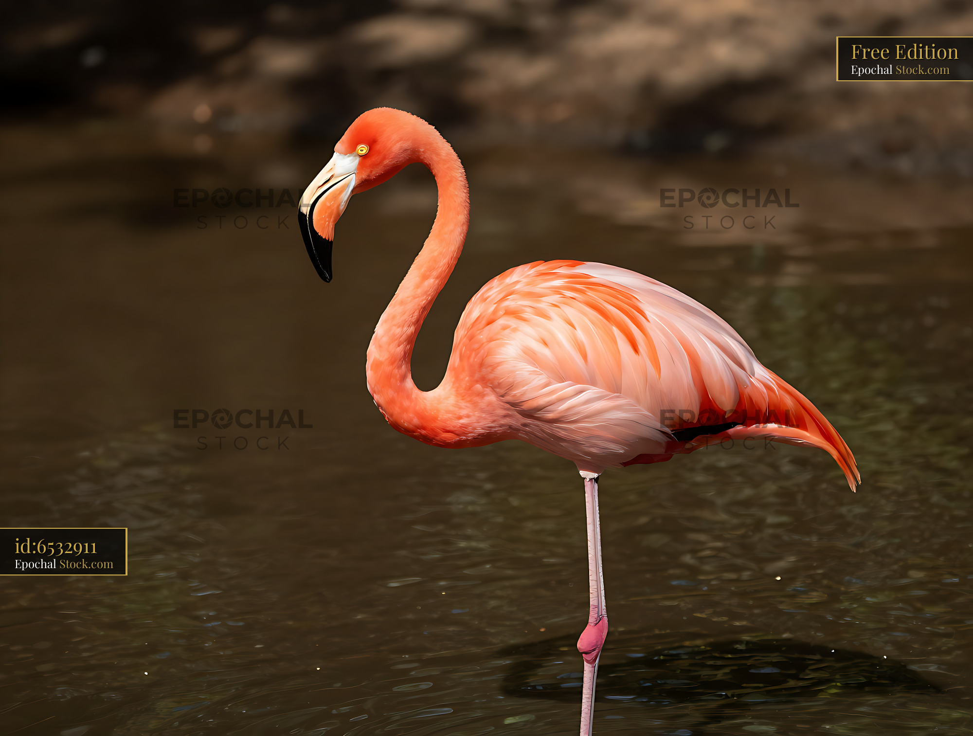 Vibrant American flamingo standing on one leg in a calm pond - stock photo