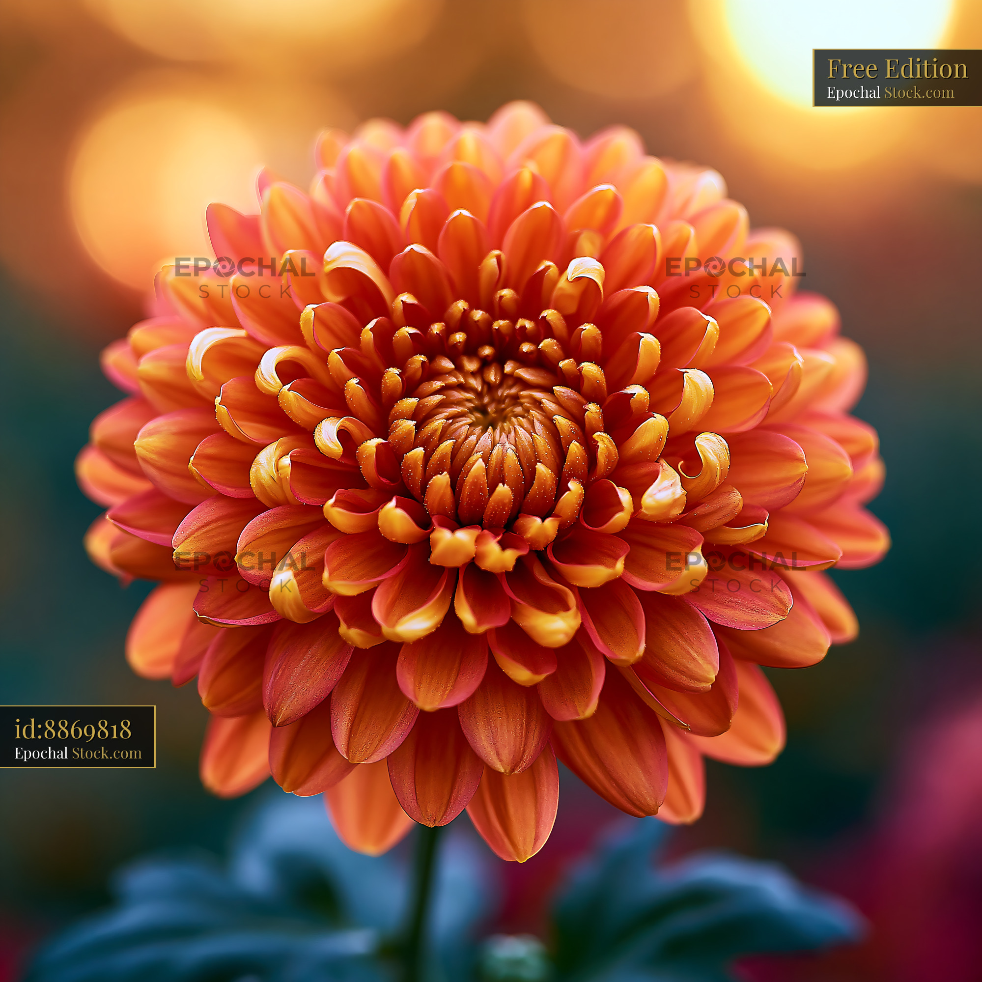 Vibrant orange chrysanthemum flower in glowing golden hour light - stock photo