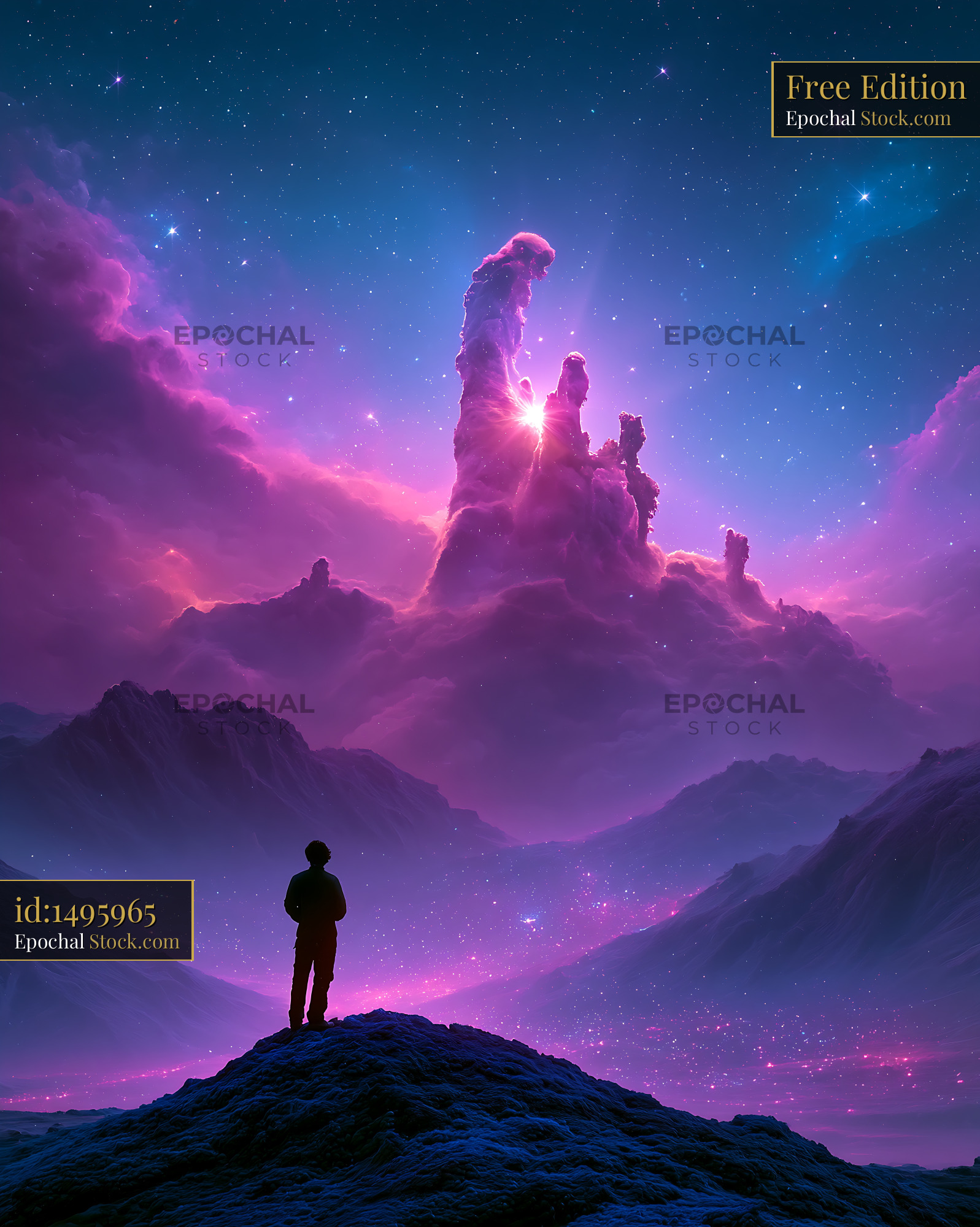 Man on mountain peak observing the M16 eagle nebula at night - stock photo