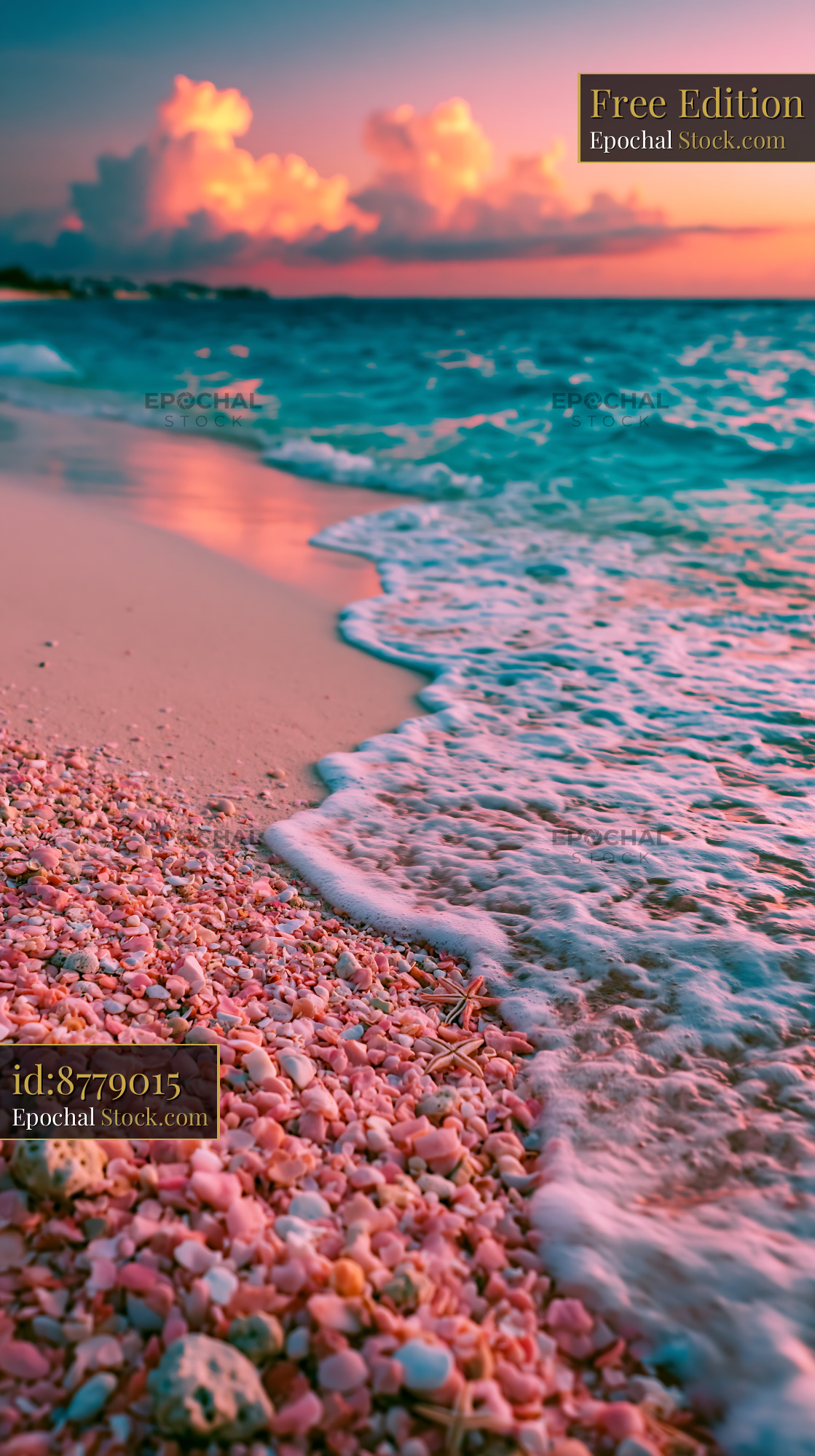 Pink sand beach with seashells and starfish during a pastel sunset - stock photo