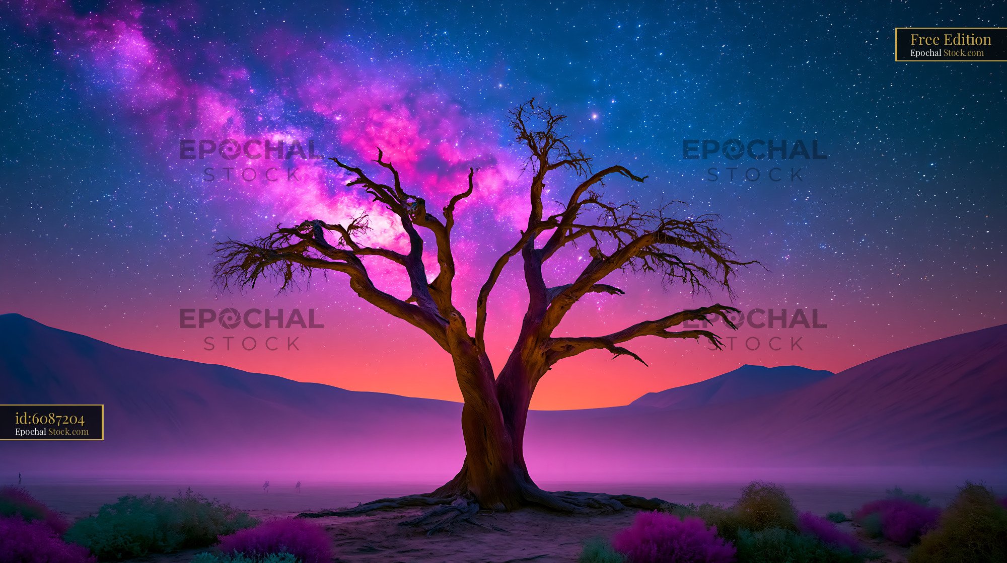 Lone dead tree silhouette under a purple Milky Way in Danakil night - stock photo