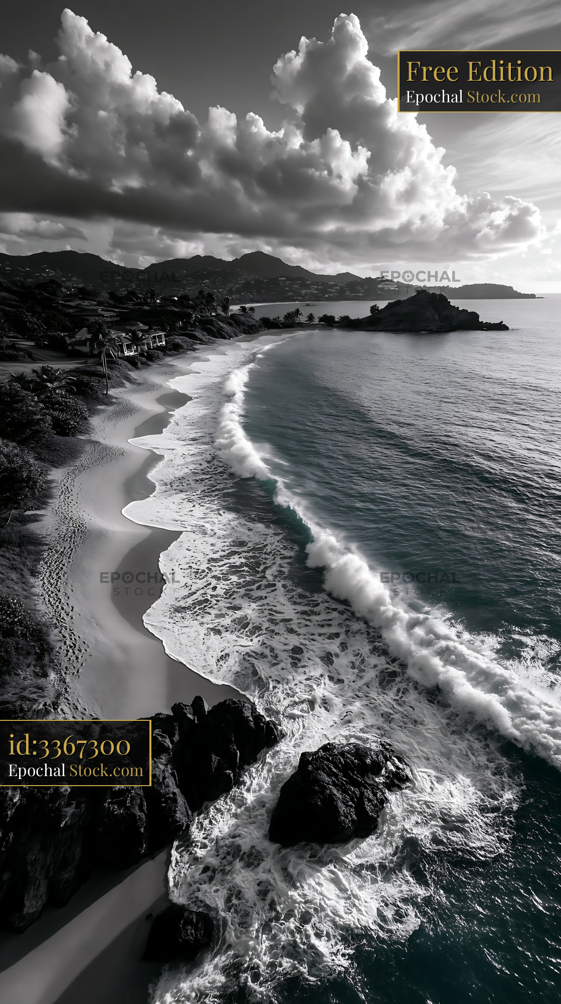 Aerial view of powerful ocean waves crashing on a tropical beach - stock photo