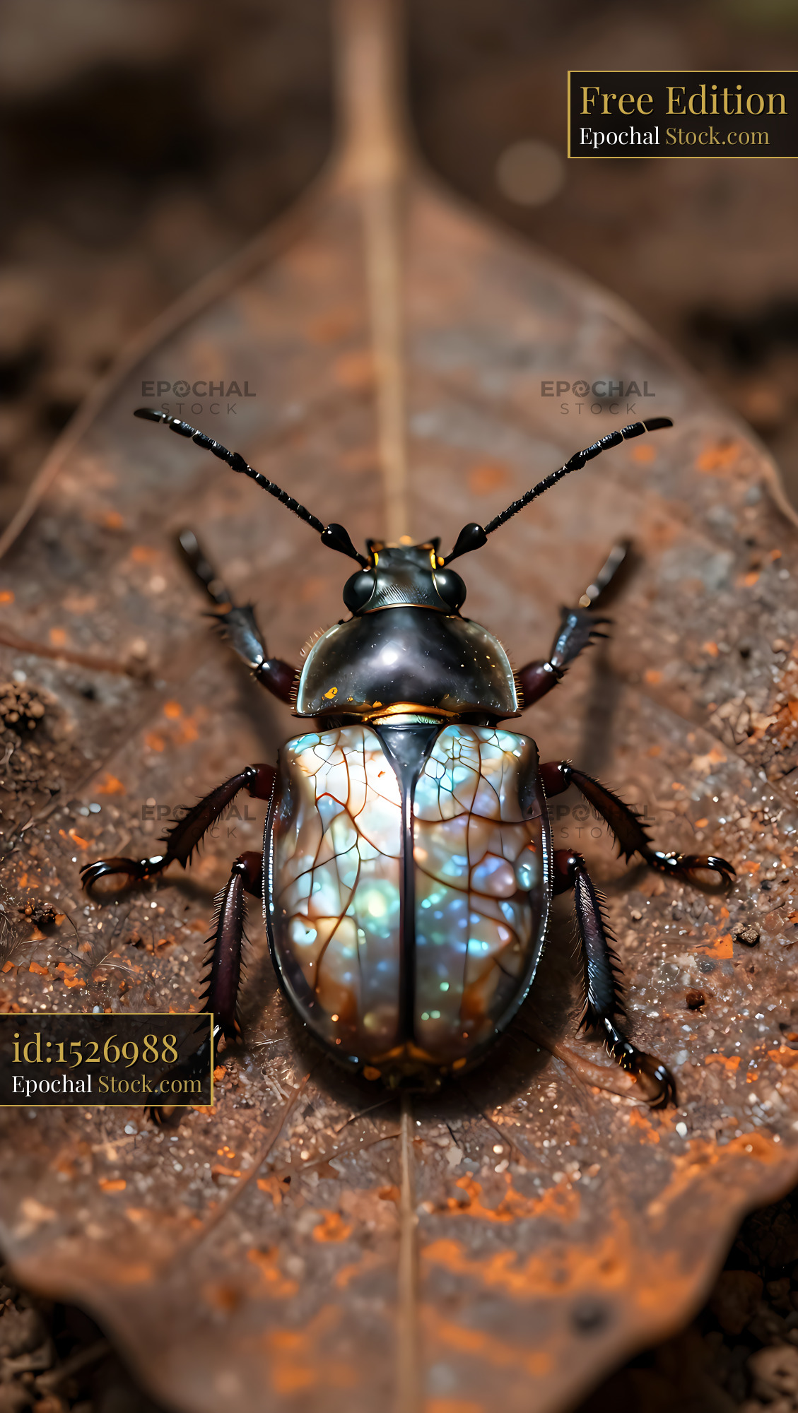 Iridescent mother-of-pearl tortoise beetle resting on a brown leaf - stock photo