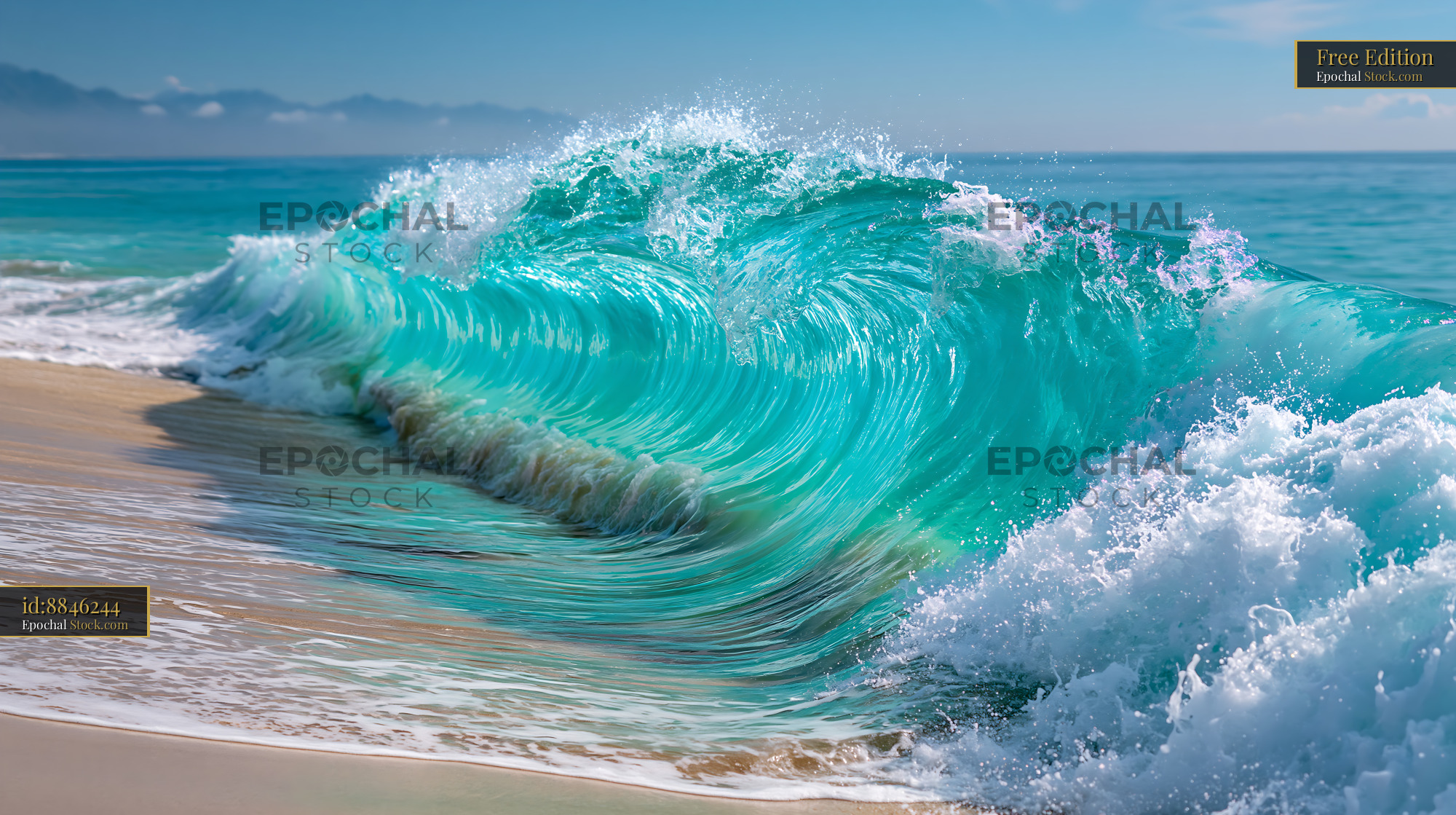 Turquoise wave crashing during a sandbar break on a sunny beach - stock photo