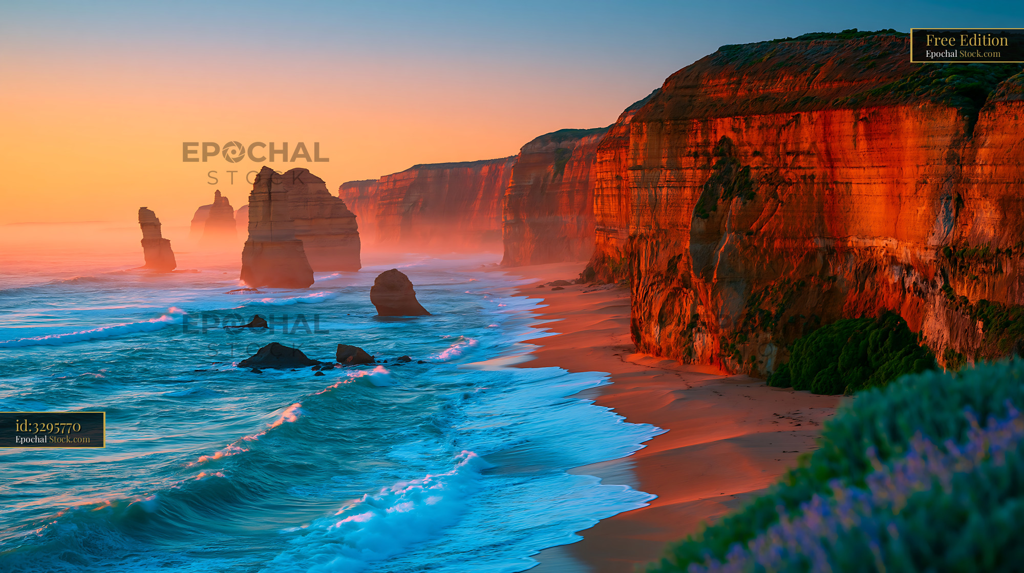 Twelve Apostles limestone stacks at sunset along the Australian coast - stock photo