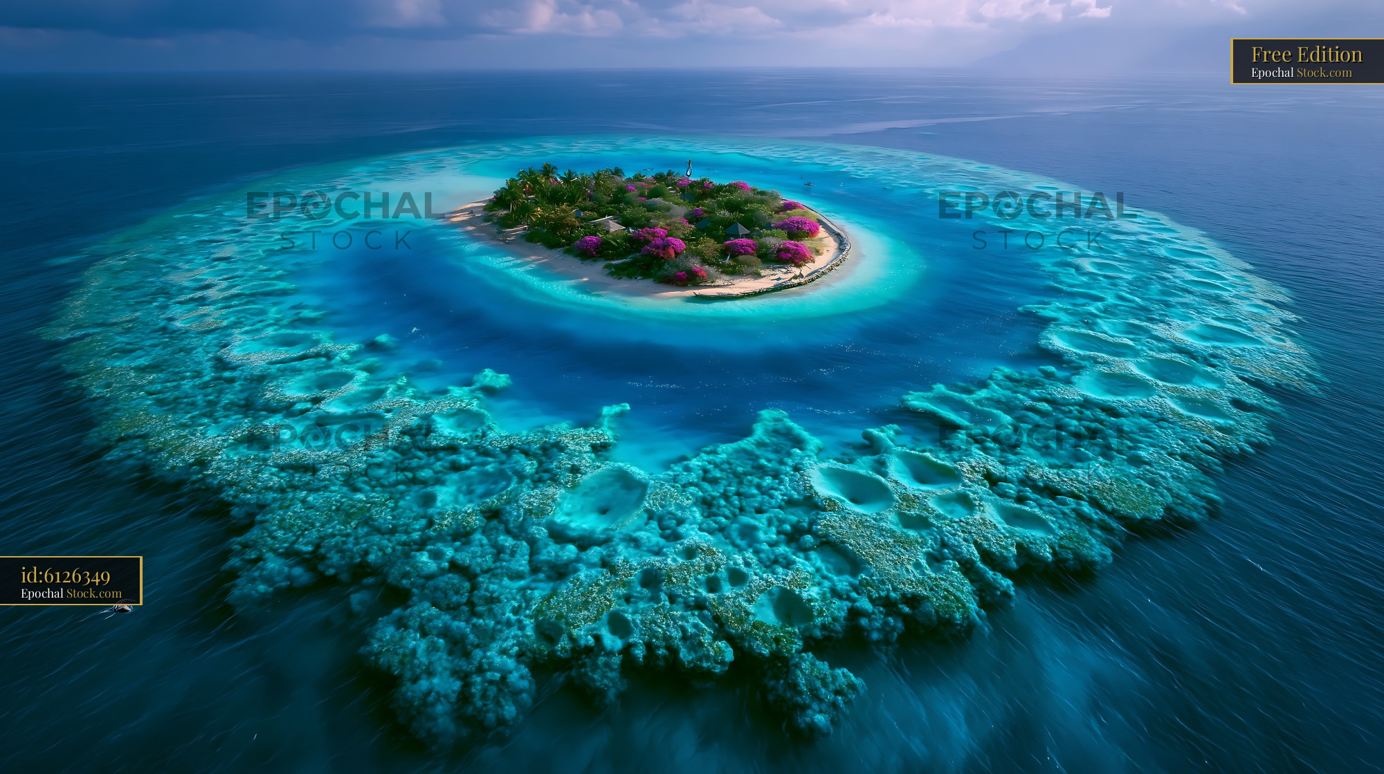 Tropical maldives sandbank island with lush vegetation and coral reef - stock photo