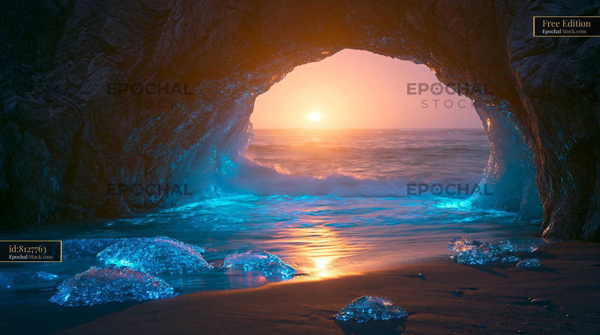 Bioluminescent sea cave with glowing blue water during golden sunset - stock photo