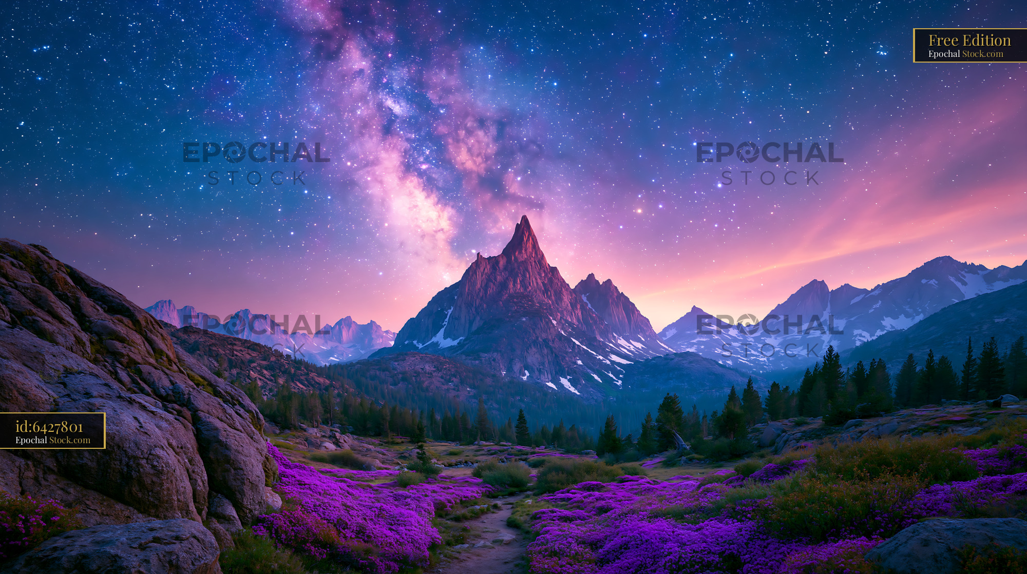 Milky Way over Sierra Nevada mountains with blooming purple flowers - stock photo