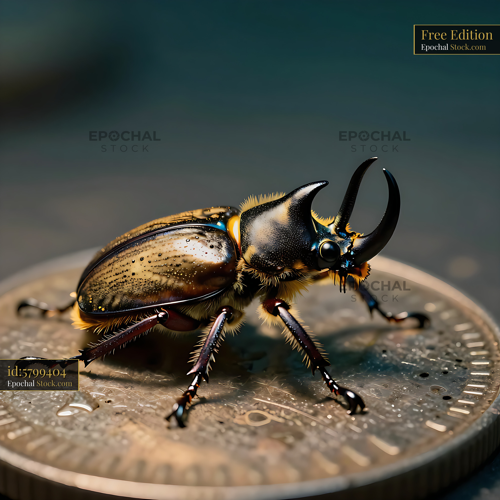 Megasoma elephant beetle standing on an old silver coin - stock photo